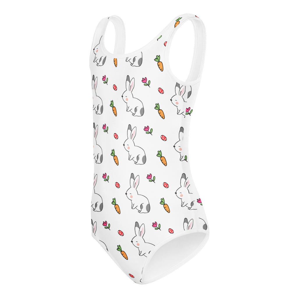 White girls bunny and carrot buttery soft leotard with playful gray orange and pink cartoon pattern for dance and gymnastics