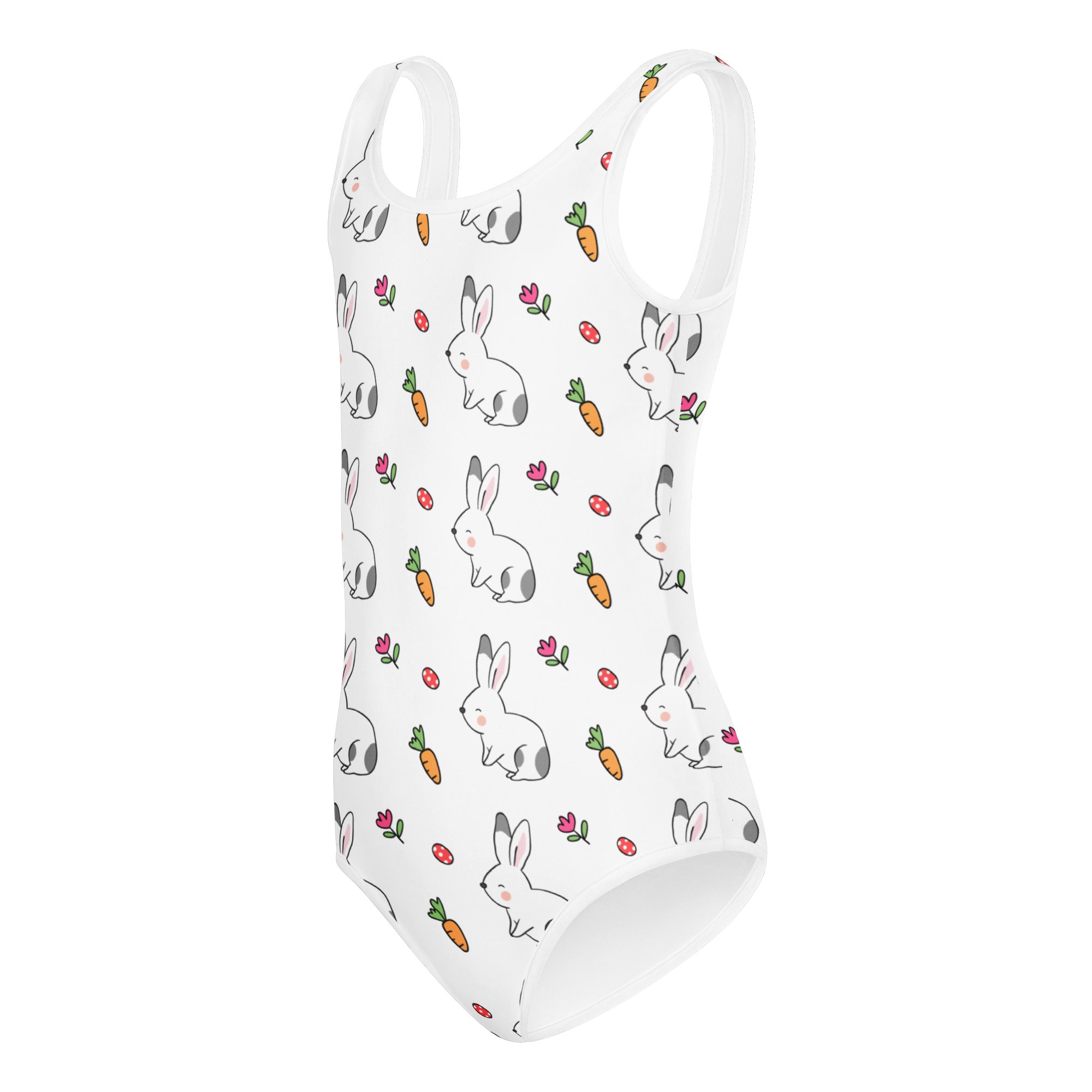 White girls bunny and carrot buttery soft leotard with playful gray orange and pink cartoon pattern for dance and gymnastics