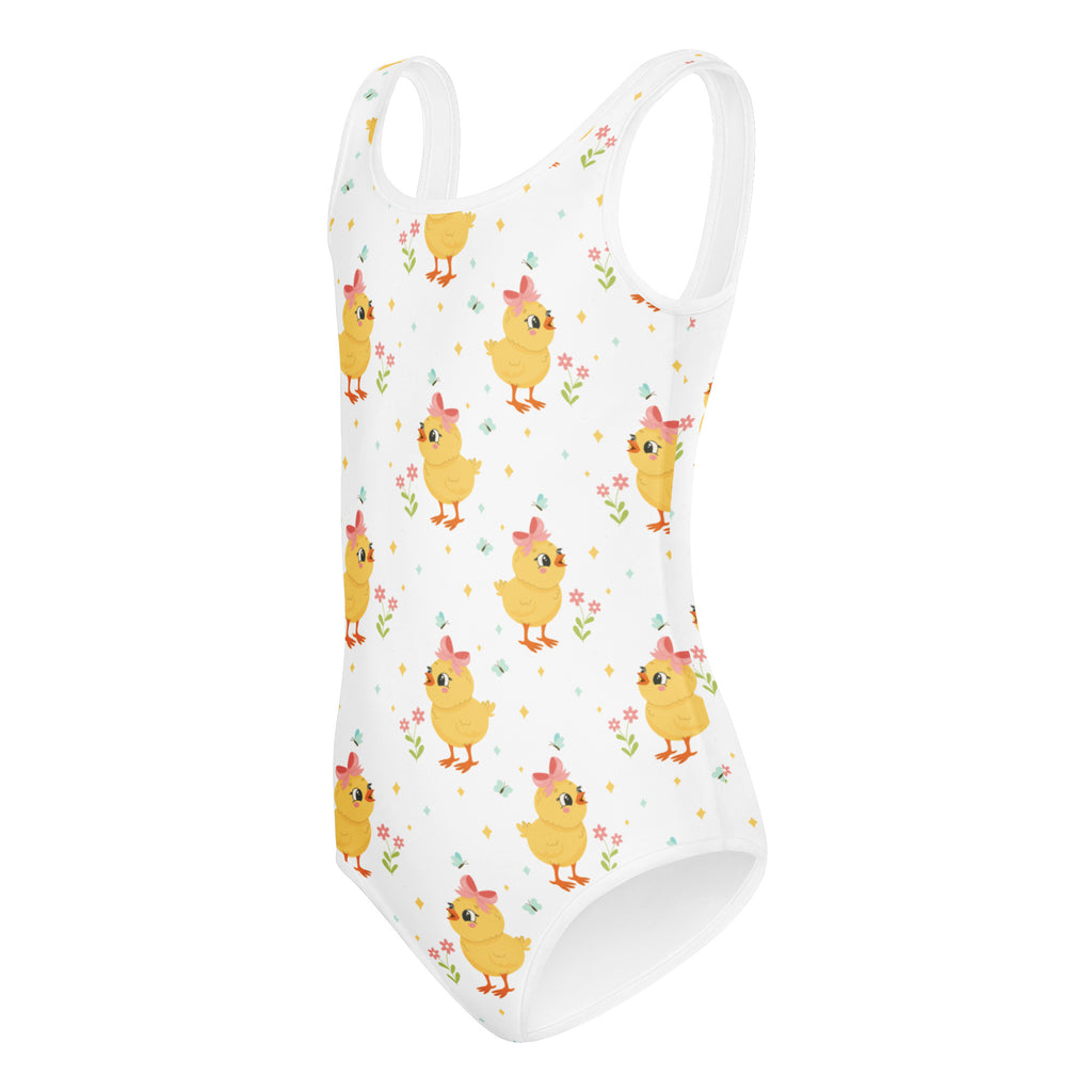 White one-piece swimsuit with yellow chicks pink bows and flowers quick drying for girls dance and gymnastics