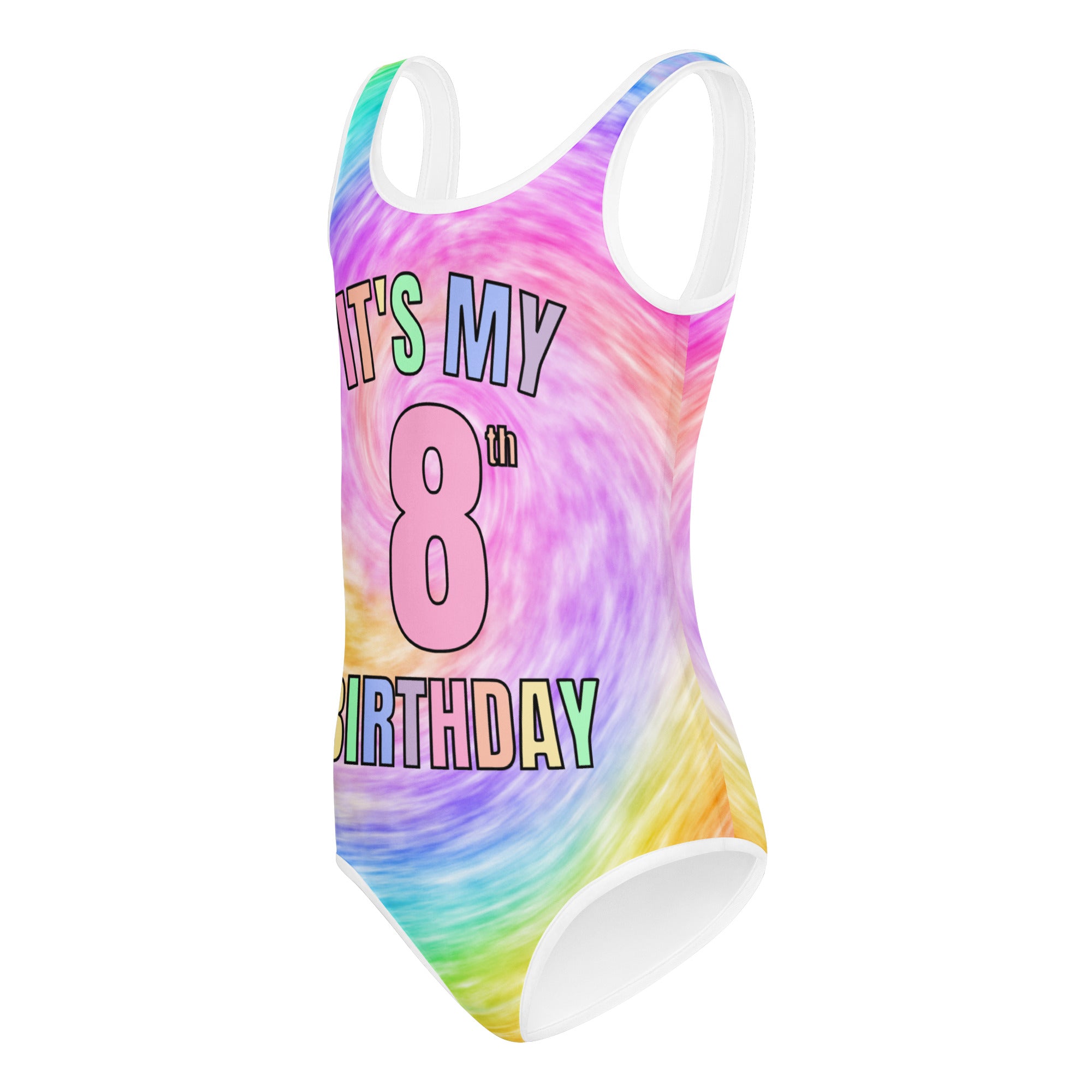 A vibrant rainbow tie dye girls one-piece swimsuit with white trim and playful it’s my 8th birthday text for dance and gymnastics