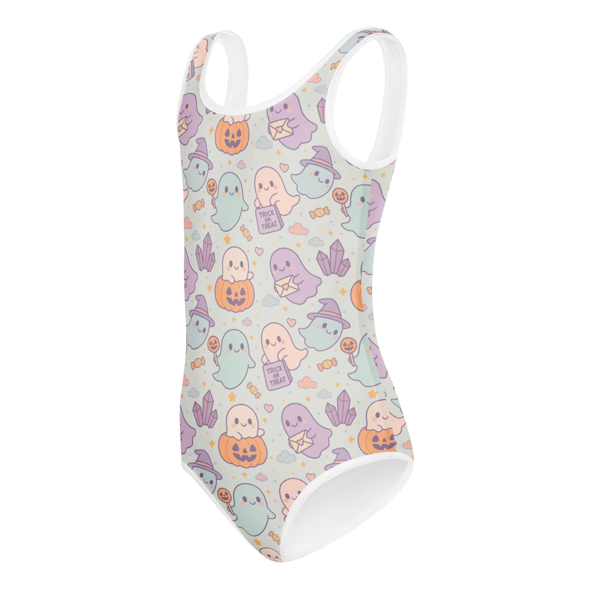 Girls Cute Pastel Ghost Halloween Leotard – Buttery-Soft, Quick-Dry 4-Way Stretch Comfort for Dance & Gymnastics