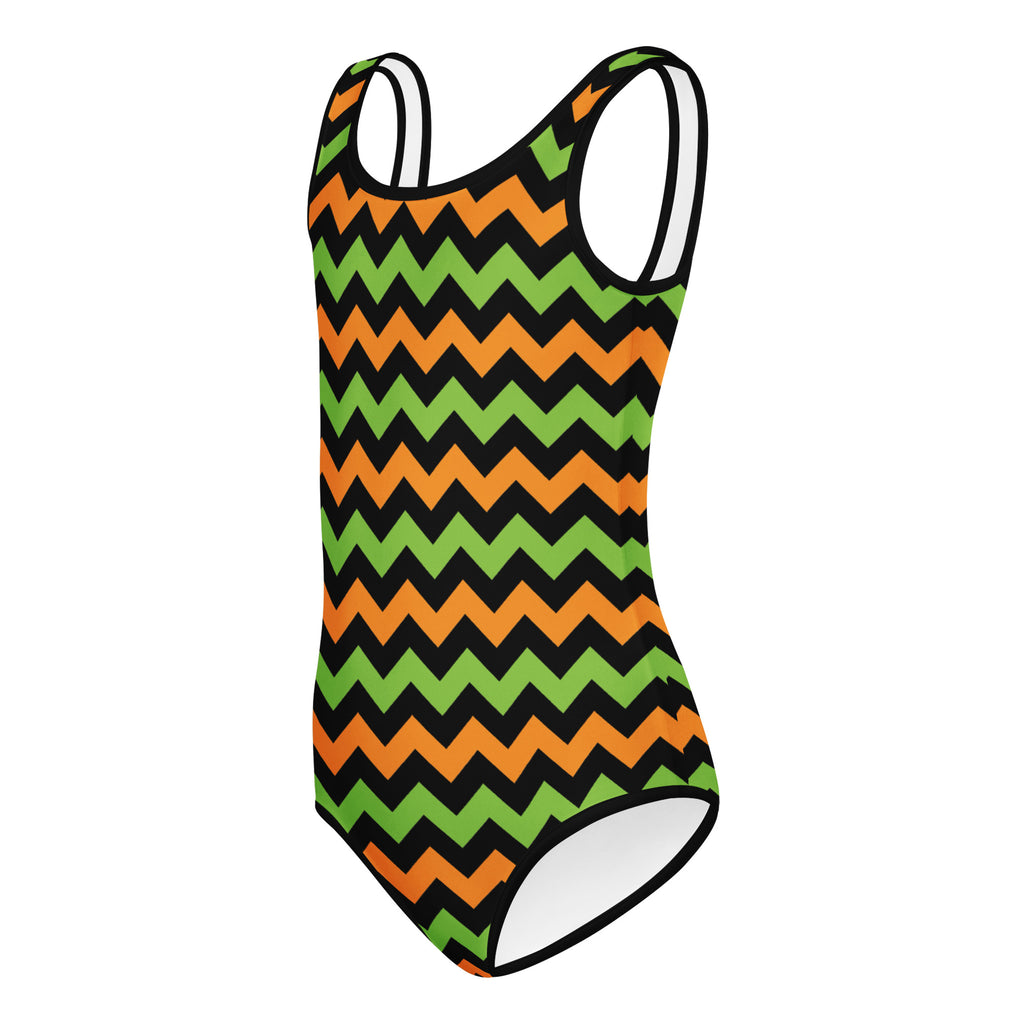 Girls Orange & Green Chevron Halloween Leotard – Buttery-Soft, Quick-Dry 4-Way Stretch Comfort for Dance & Gymnastics