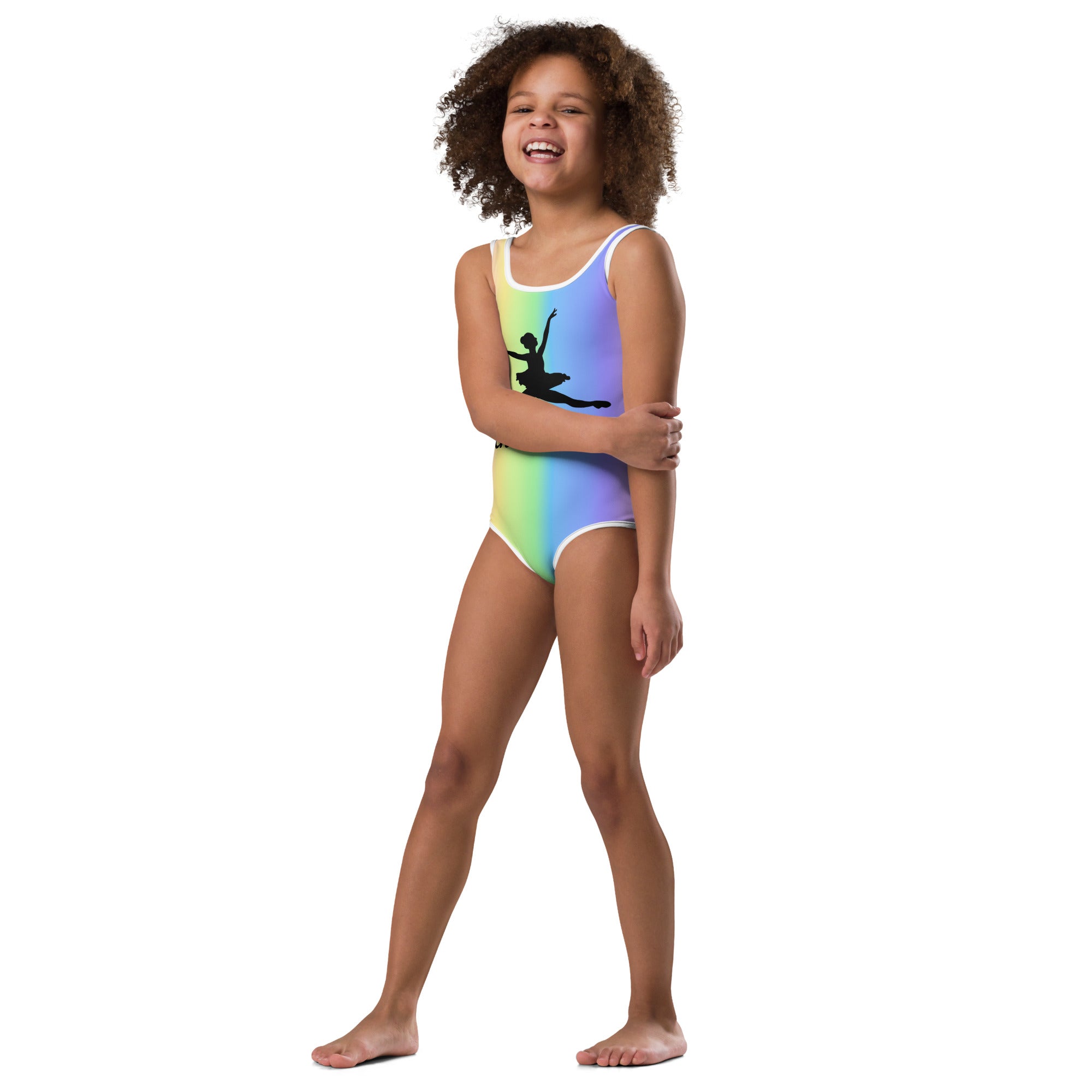 Girls custom rainbow gradient one-piece swimsuit with black ballet dancer silhouette made of buttery soft quick-dry fabric