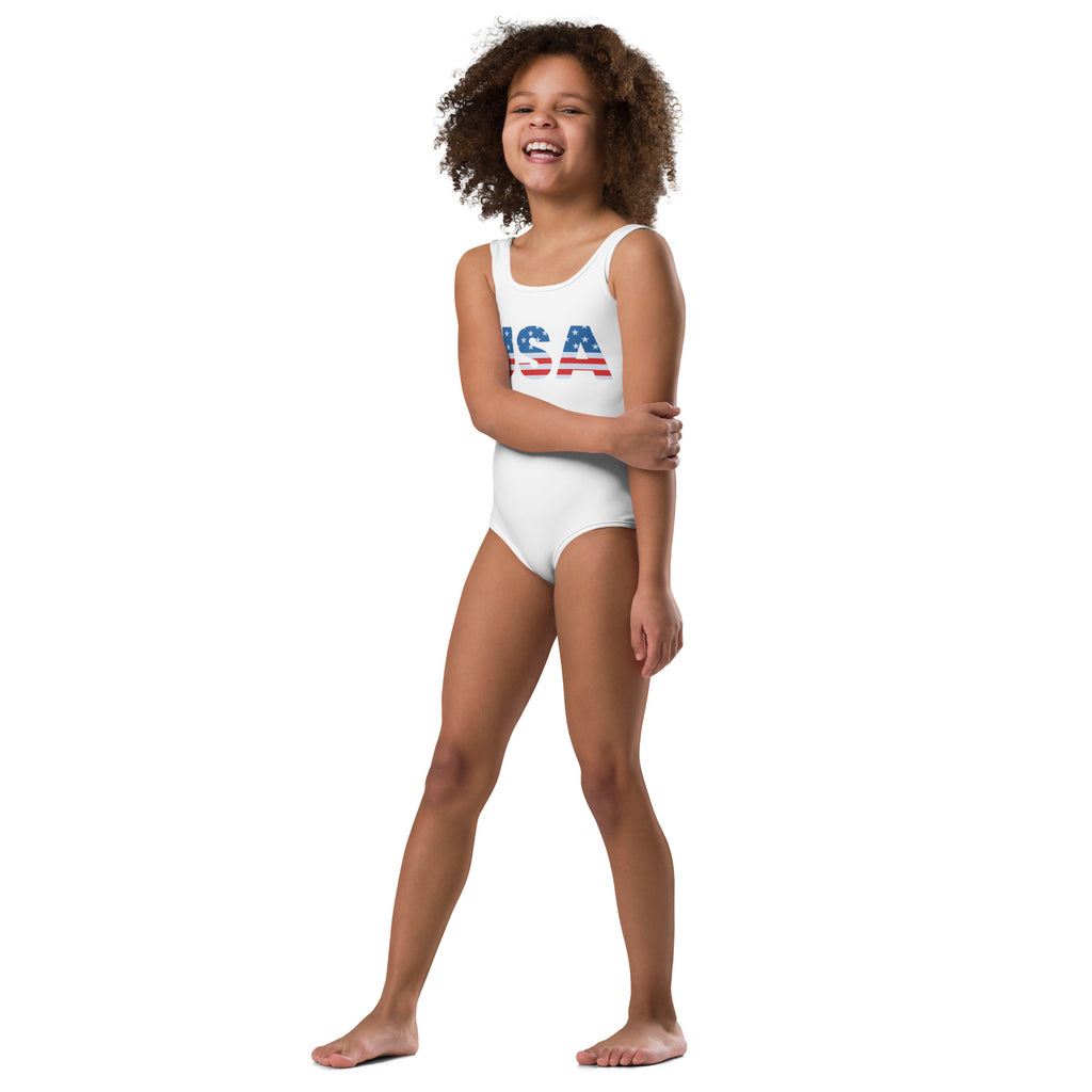 White one-piece buttery soft girls leotard with usa printed in patriotic colors quick drying for dance and gymnastics
