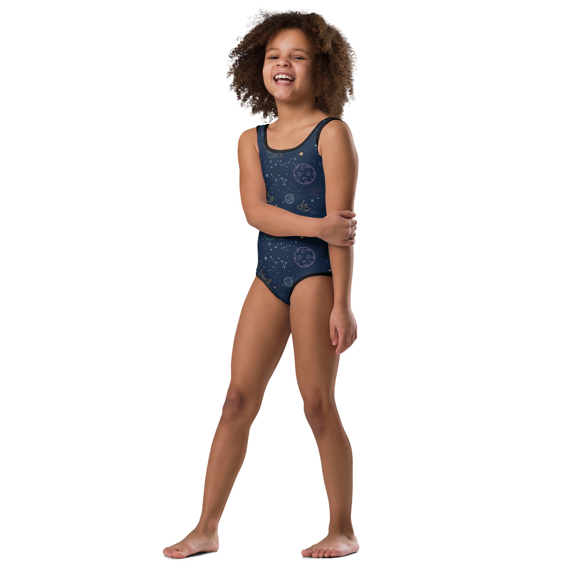 Navy blue girls buttery soft leotard with white celestial constellations and moon patterns quick drying for dance and gymnastics