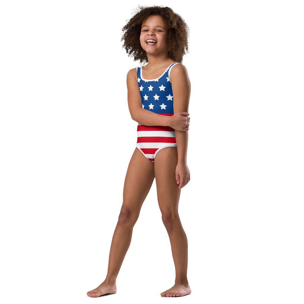 Girls american flag buttery soft leotard with blue star top and red white striped bottoms for dance and gymnastics