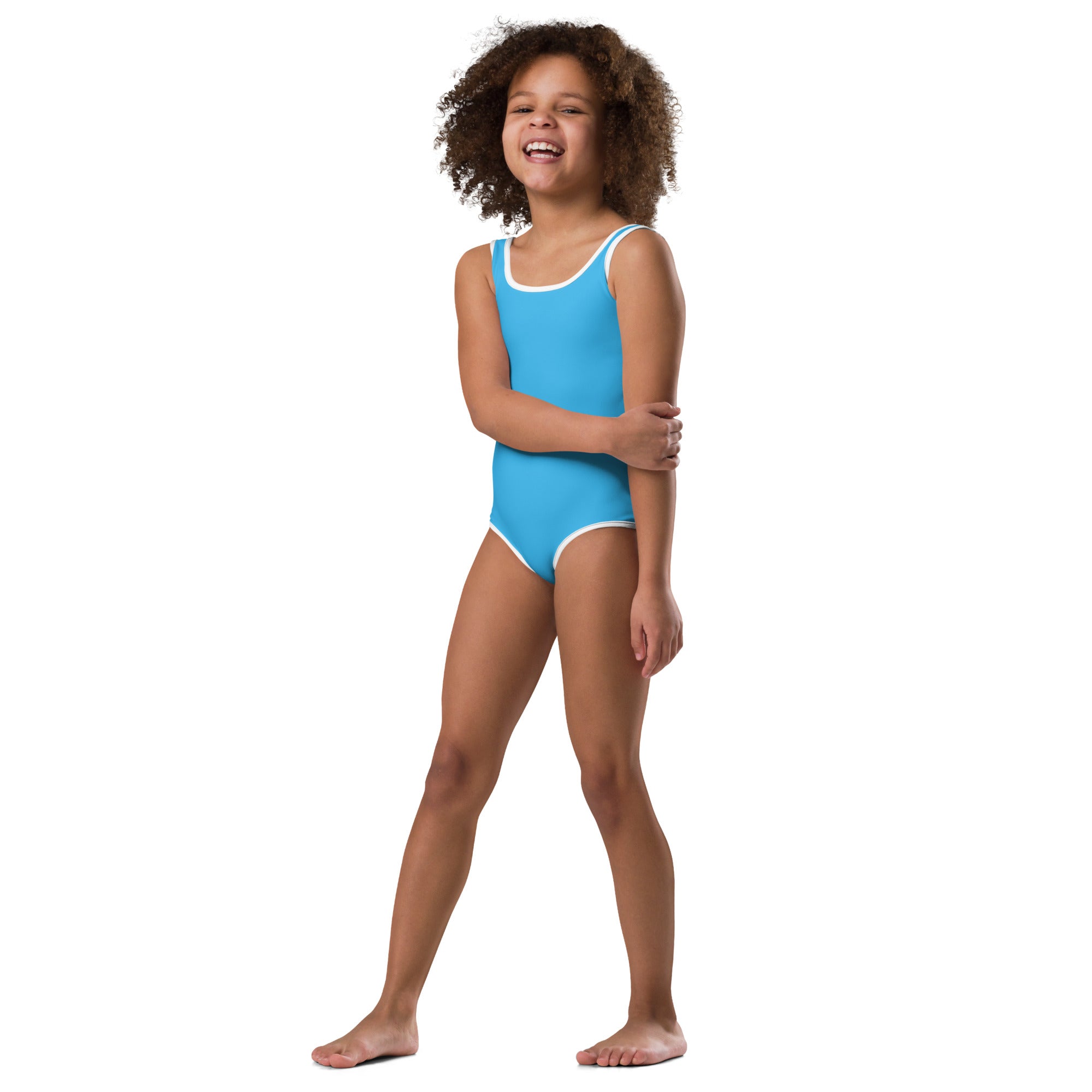 Girls light blue buttery soft one-piece swimsuit with white trim quick drying for dance and gymnastics