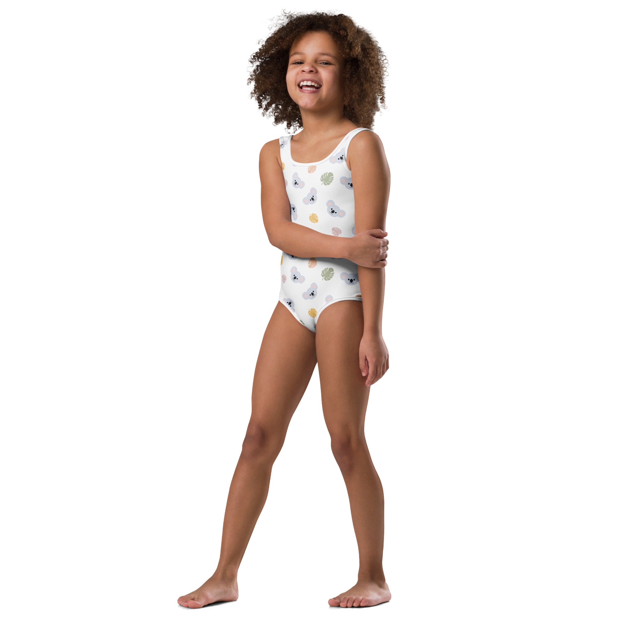 Girls koala bear buttery soft white one-piece swimsuit with pastel cloud and leaf patterns for dance and gymnastics