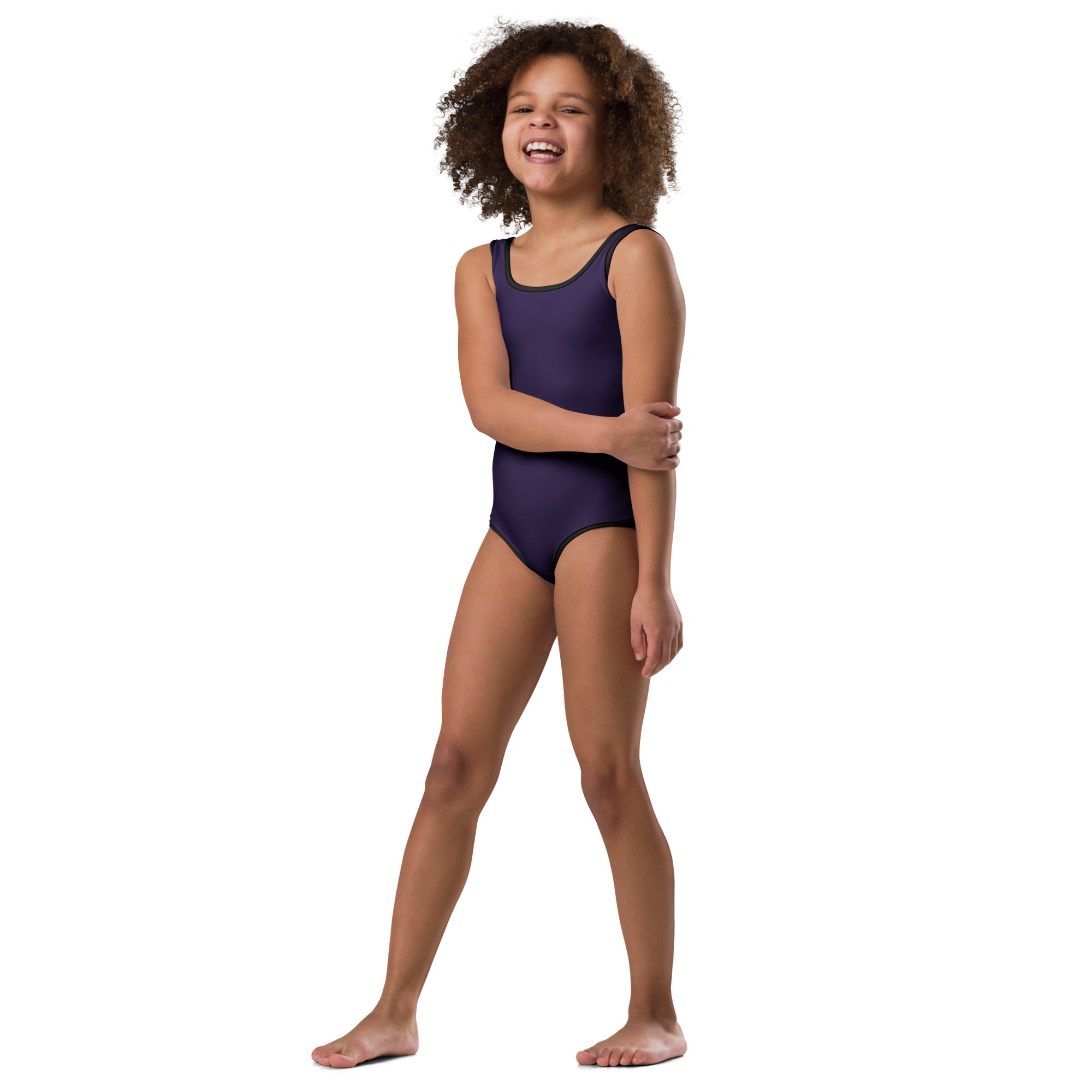 Navy blue one-piece leotard with black trim made of buttery soft quick drying fabric for girls dance and gymnastics