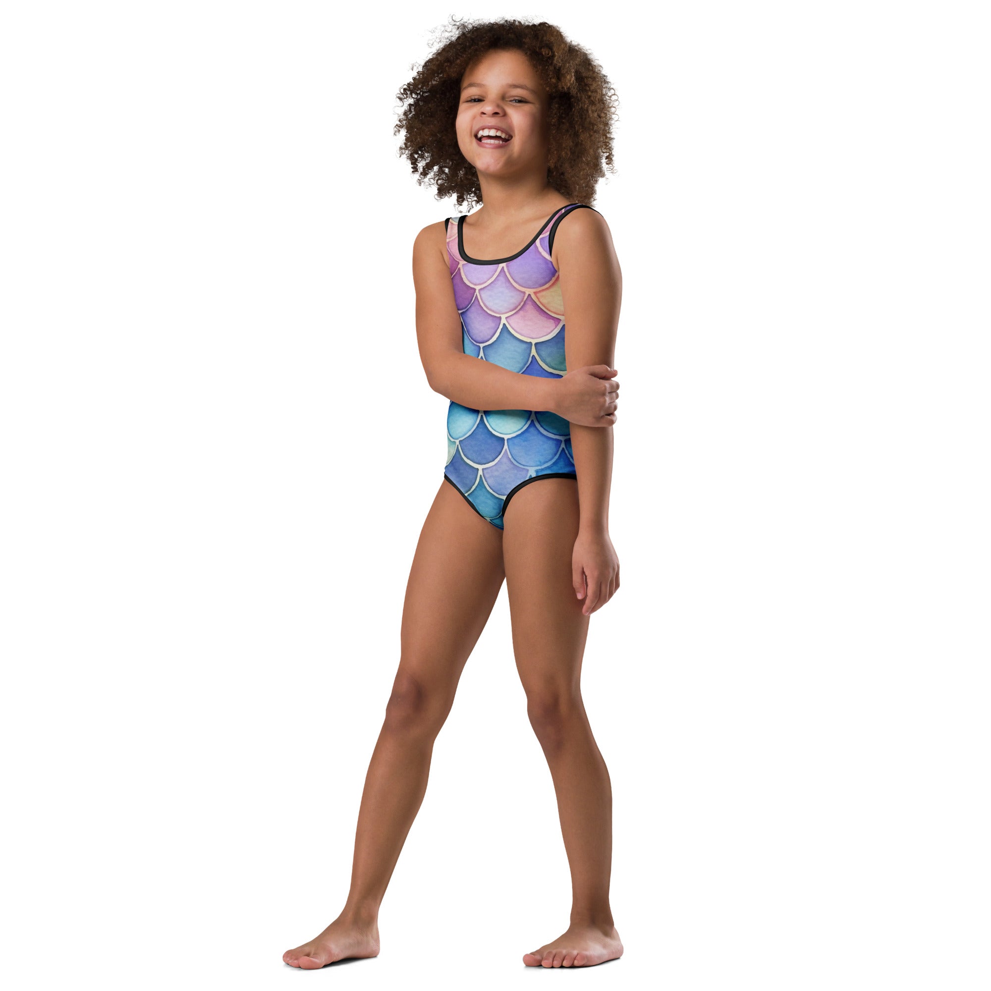 Girls watercolor mermaid scale buttery soft one-piece swimsuit in purple pink and blue with black trim for dance and gymnastics