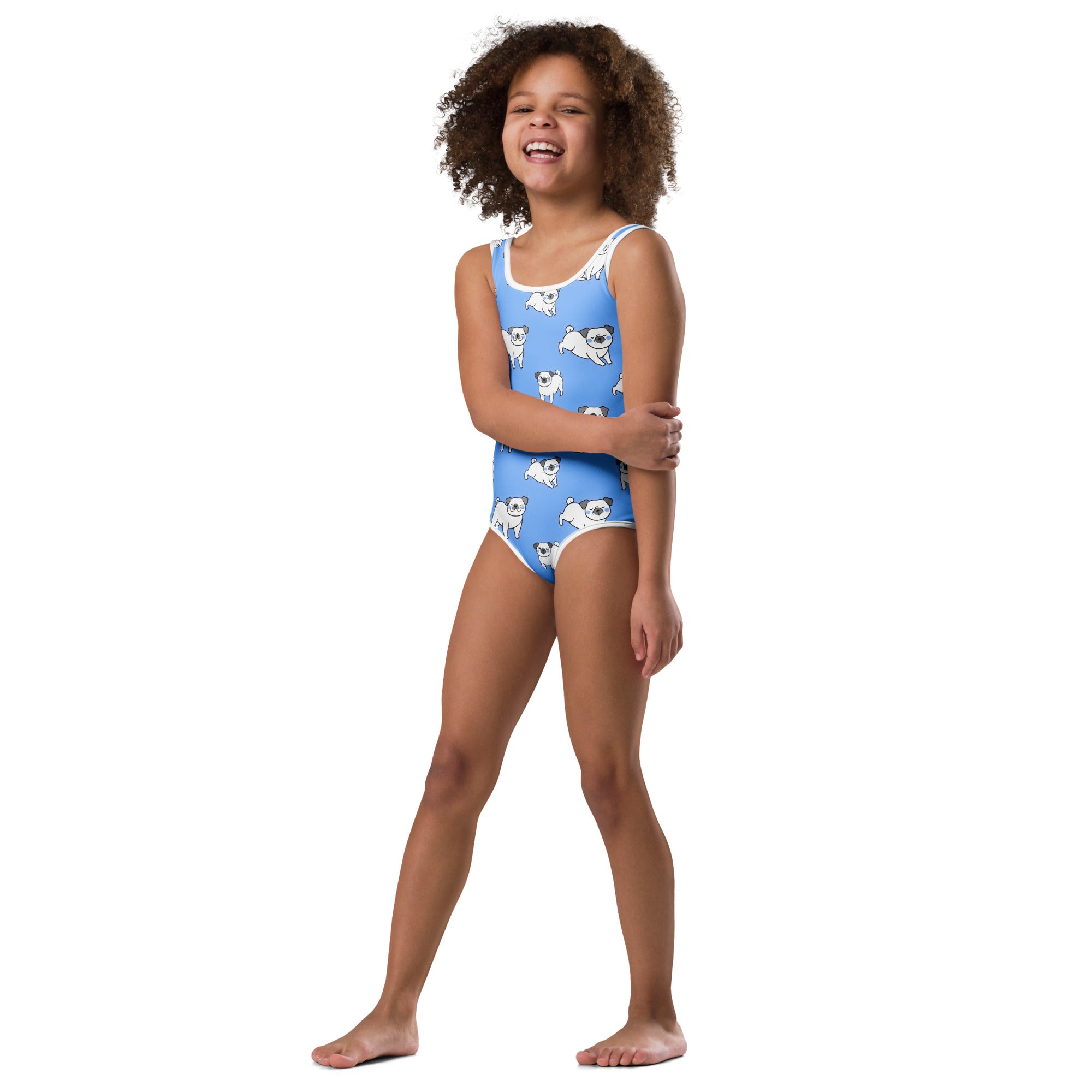 Girls blue pug buttery soft leotard with white trim and pug prints quick drying for dance and gymnastics
