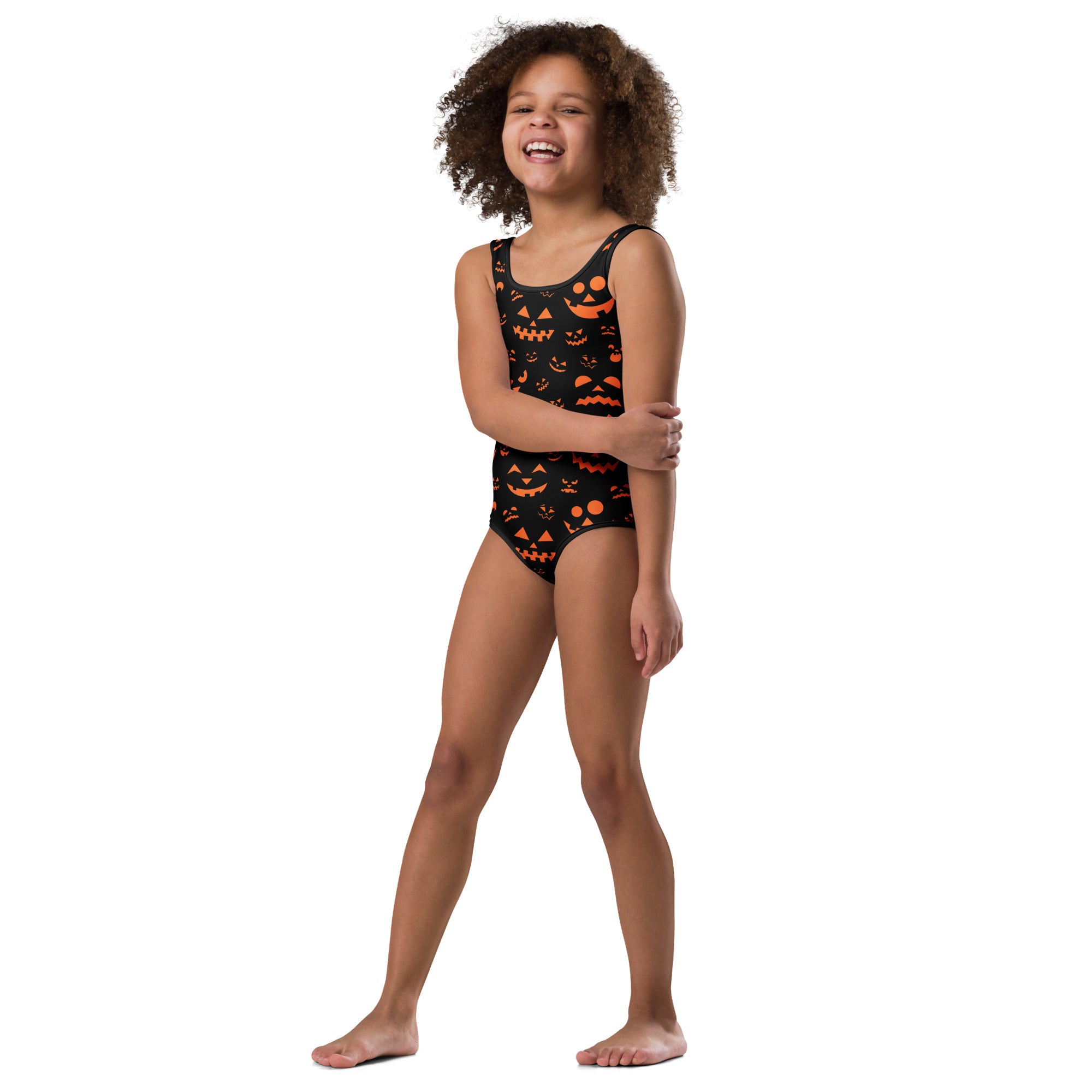 Girls Orange Jack-O'-Lantern Faces Halloween Buttery Soft Leotard - Quick Drying For Dance and Gymnastics