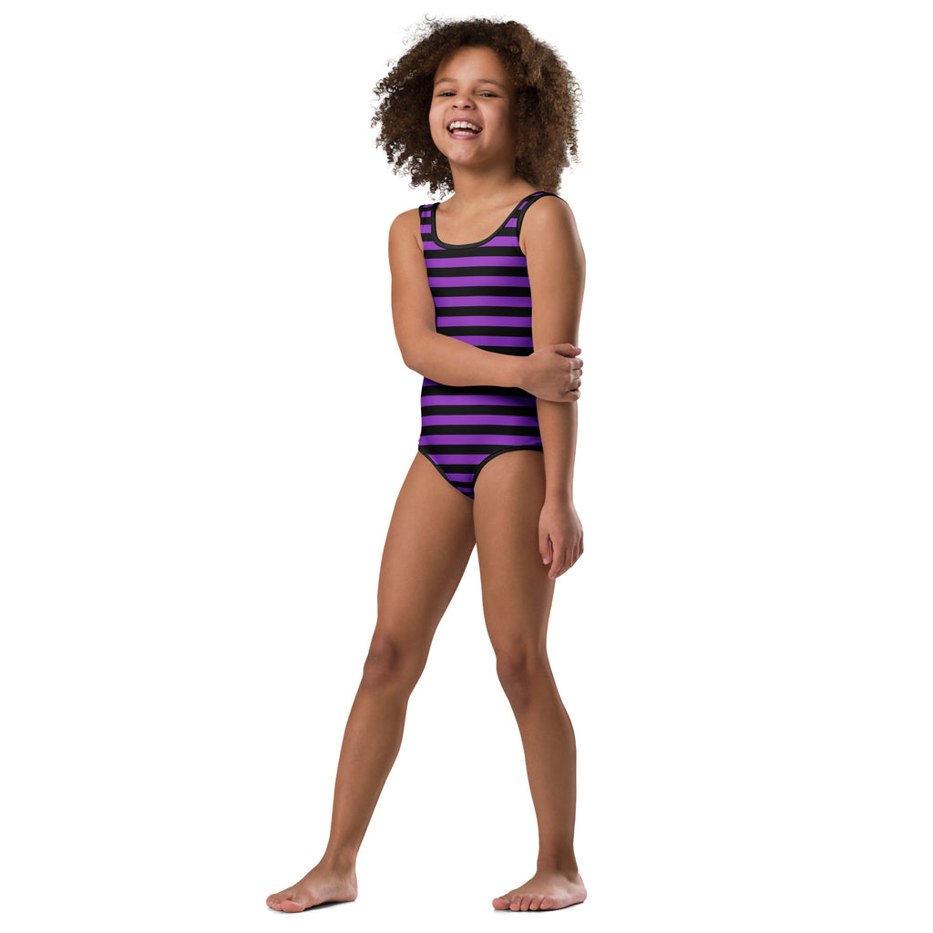 Girls purple and black striped buttery soft leotard with scoop neckline quick drying for dance and gymnastics