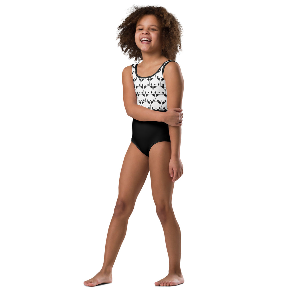 Girls black and white panda patterned buttery soft one-piece racerback leotard for dance and gymnastics shown from back