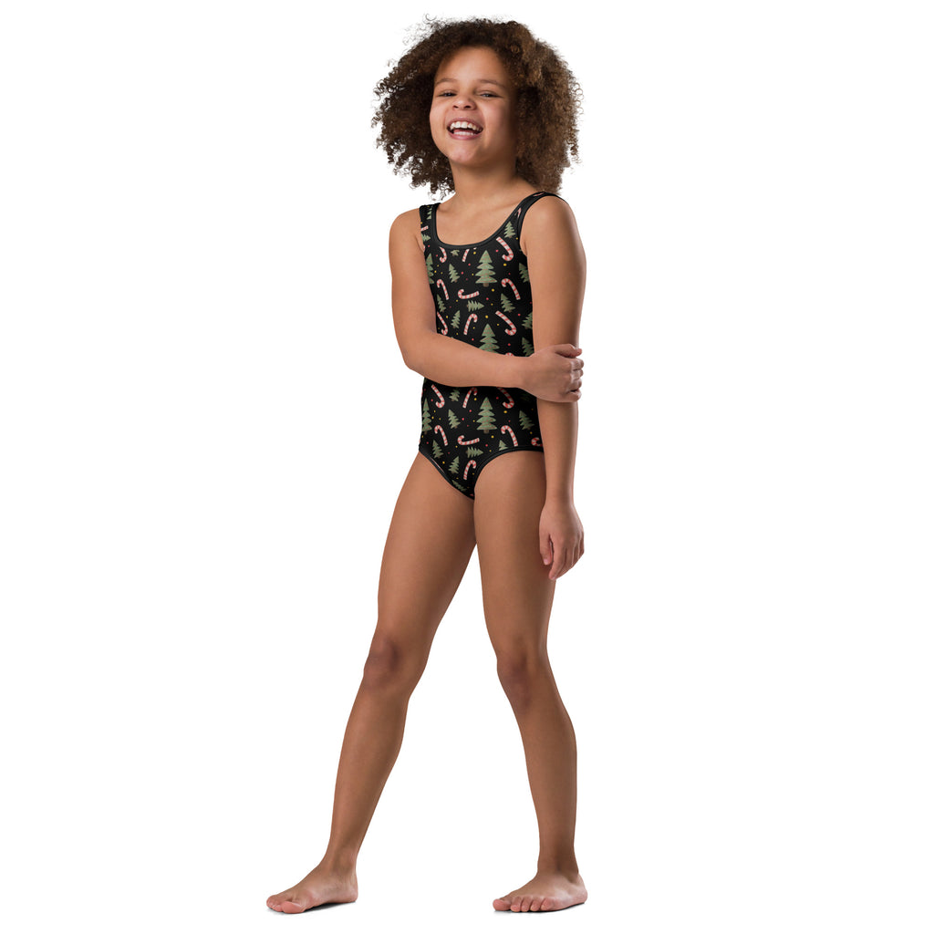 Black one-piece swimsuit with green pine trees and pink candy canes buttery soft quick drying for dance and gymnastics