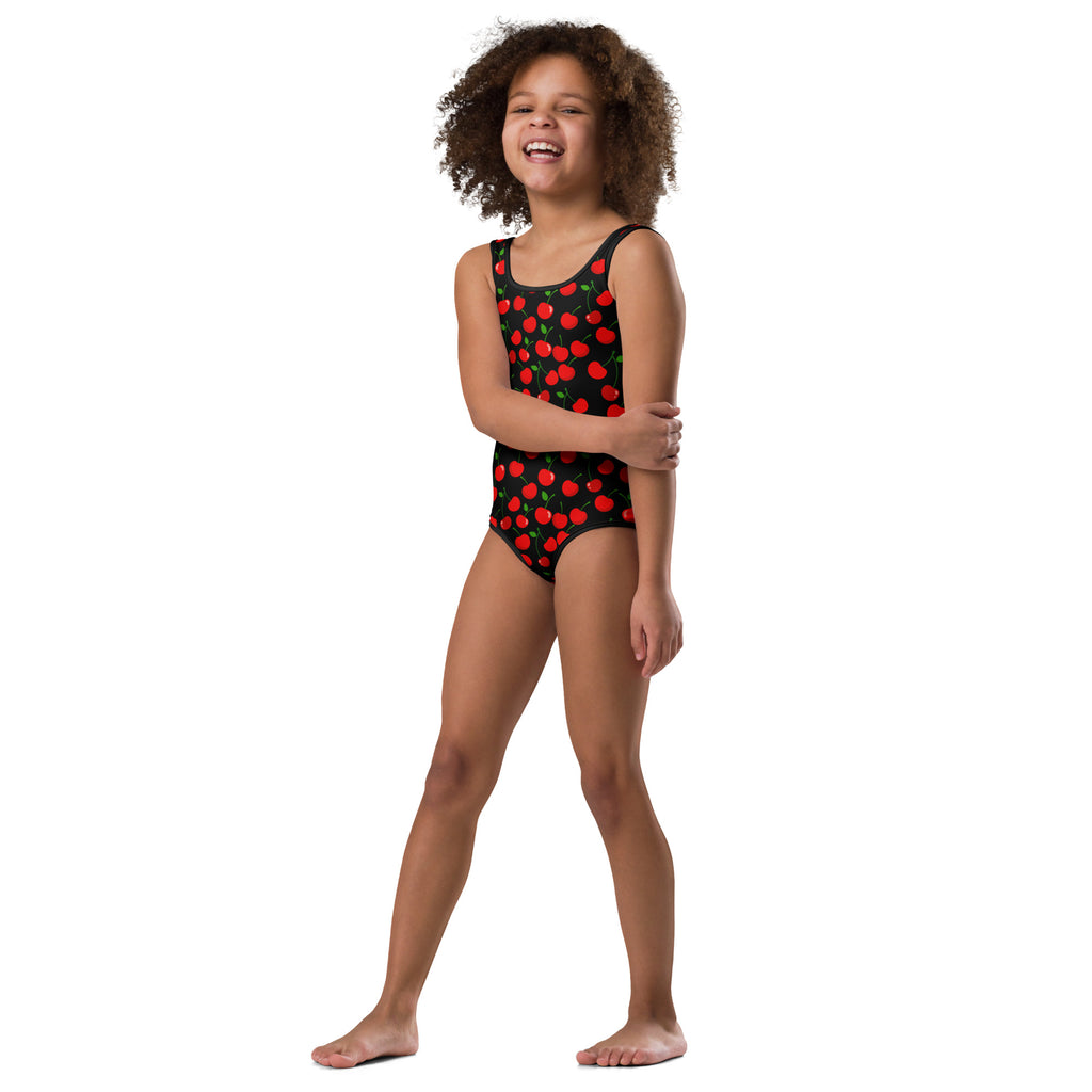 Girls red cherry buttery soft black one-piece swimsuit with vibrant cherry pattern quick drying for dance and gymnastics