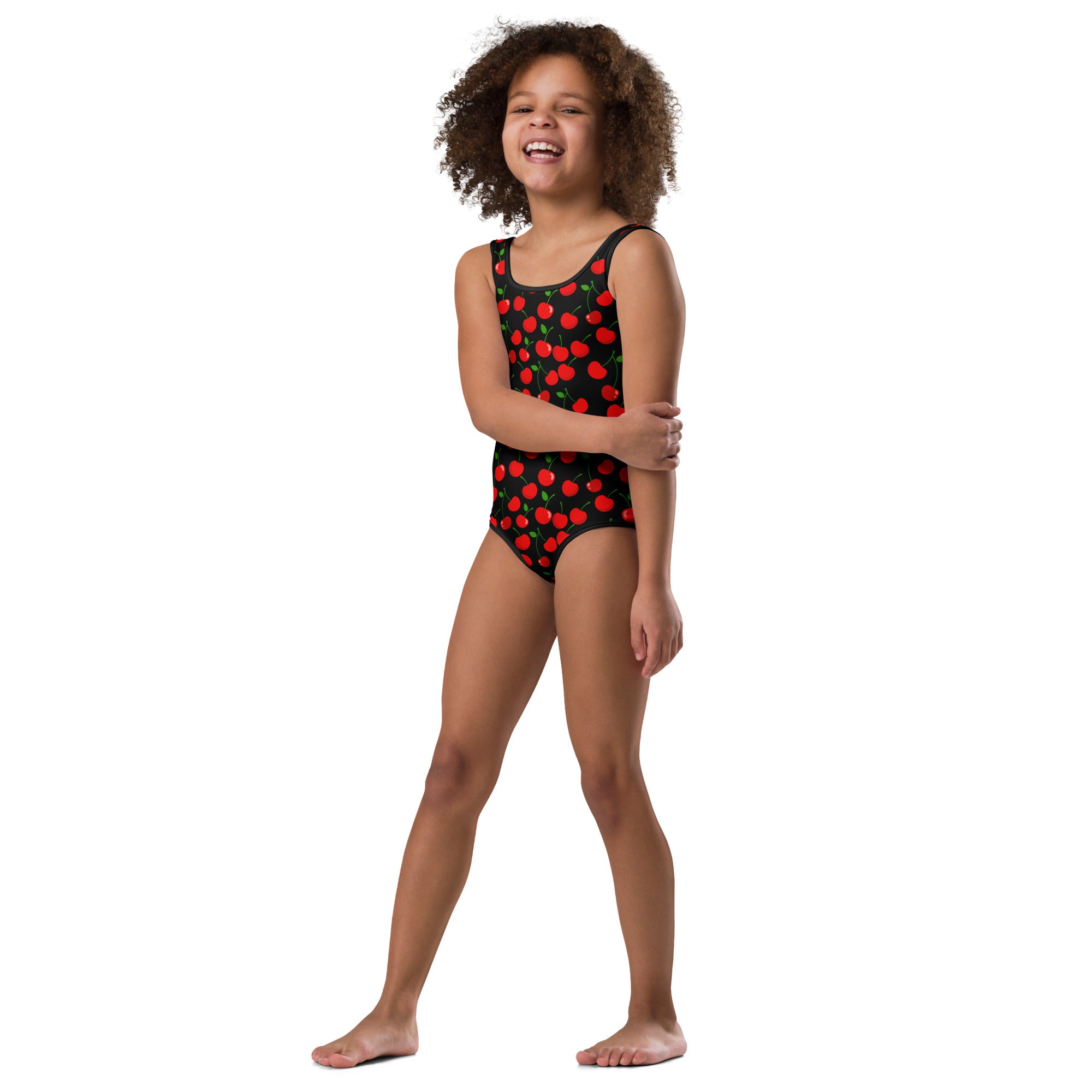 Girls red cherry buttery soft black one-piece swimsuit with vibrant cherry pattern quick drying for dance and gymnastics