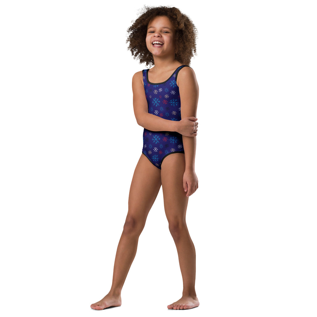 Navy blue girls one-piece swimsuit with white light blue and pink snowflake pattern quick drying for dance and gymnastics
