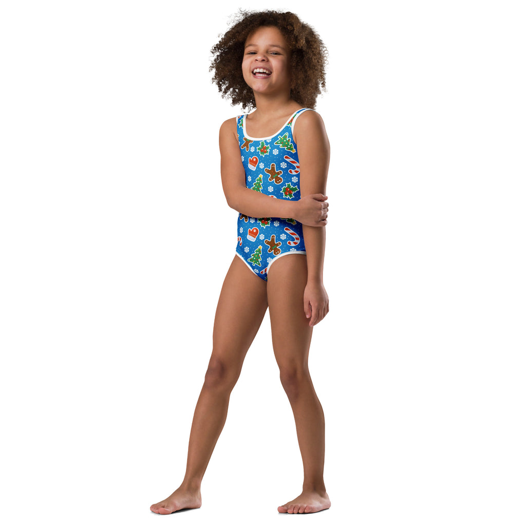 Girls blue gingerbread christmas buttery soft quick drying leotard with festive print for dance and gymnastics
