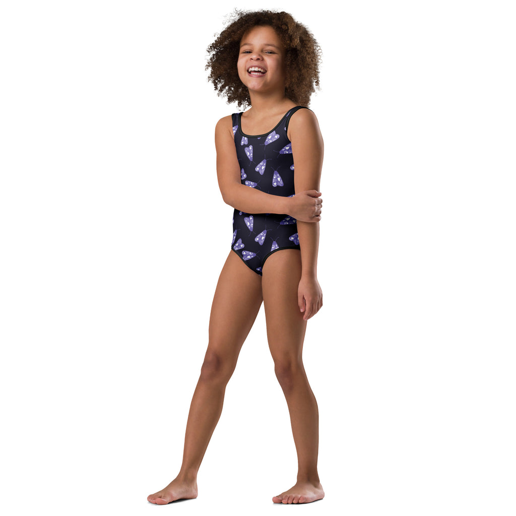 Girls navy blue one-piece swimsuit with purple butterfly pattern in buttery soft quick drying fabric for dance and gymnastics