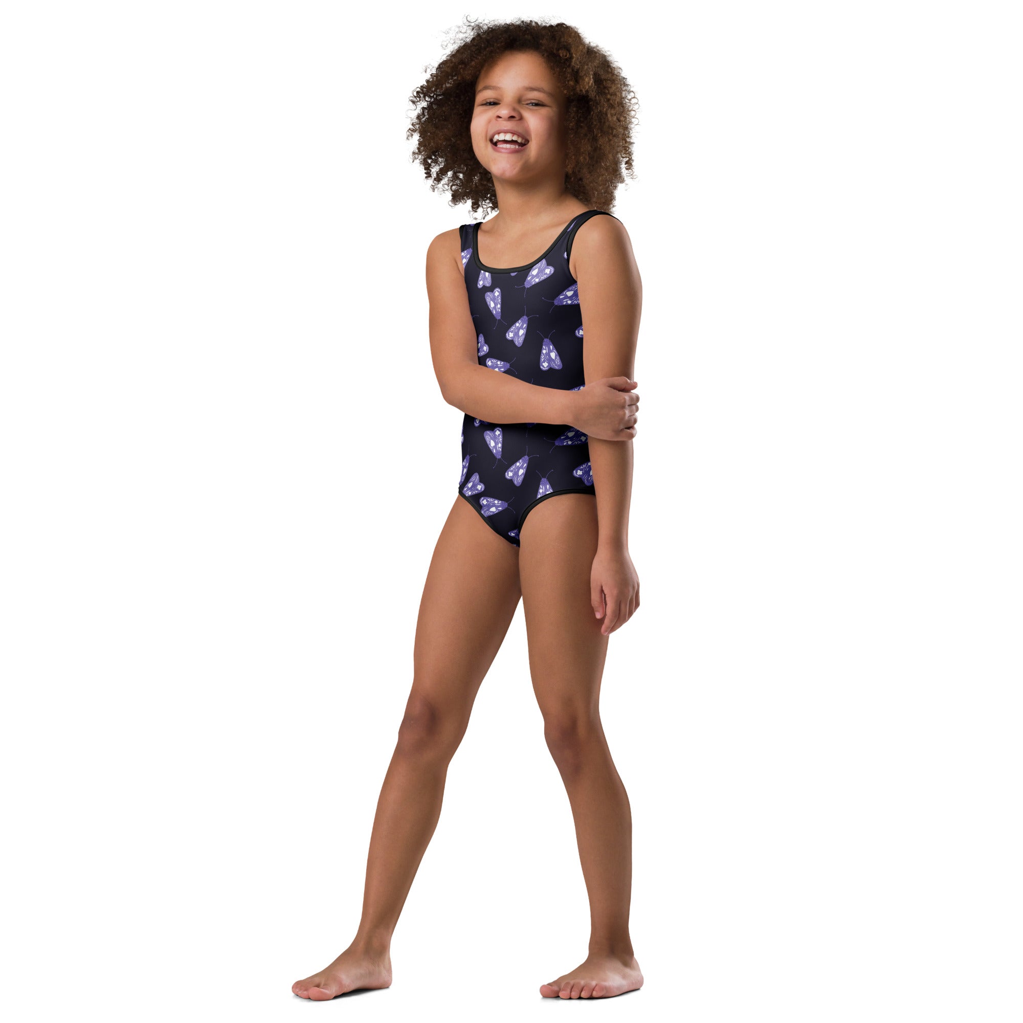 Girls navy blue one-piece swimsuit with purple butterfly pattern in buttery soft quick drying fabric for dance and gymnastics