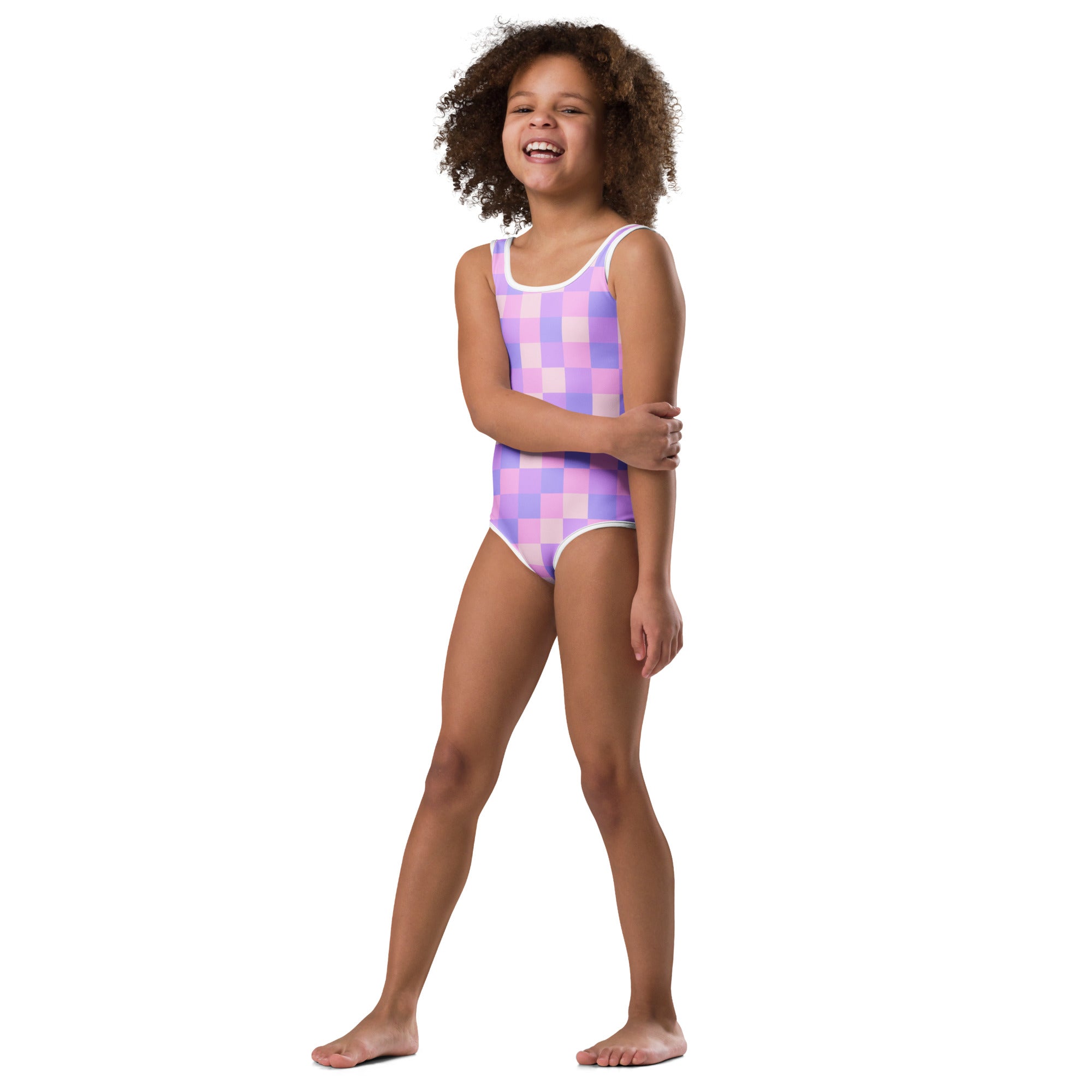Girls purple checkered buttery soft leotard with vibrant lavender and pink pixelated design and white trim for dance and gymnastics