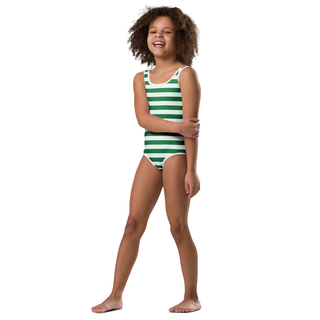 Girls green and white striped buttery soft quick drying leotard for dance and gymnastics front view