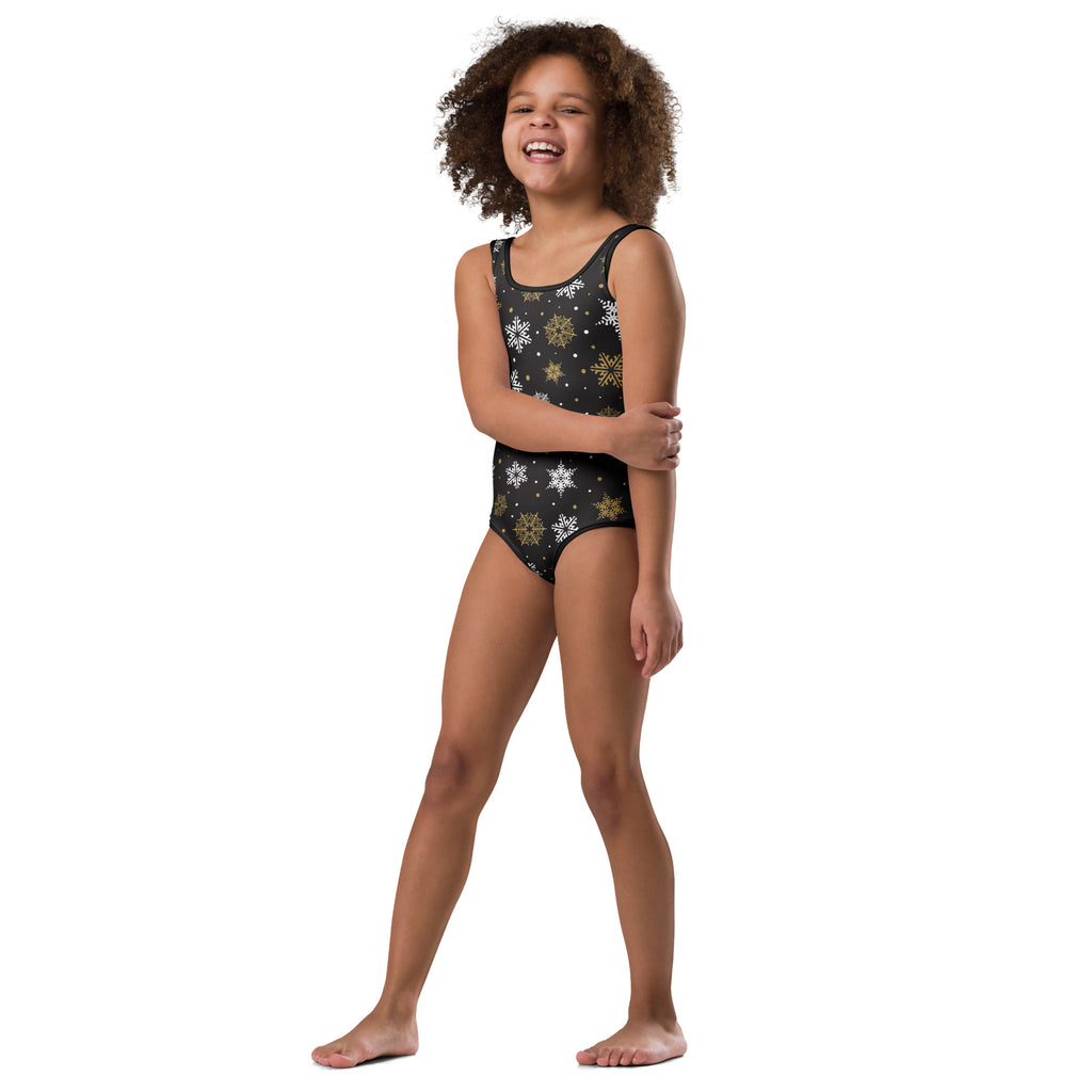 Black girls one-piece leotard with white and gold snowflake patterns made of buttery soft quick-drying fabric for dance and gymnastics