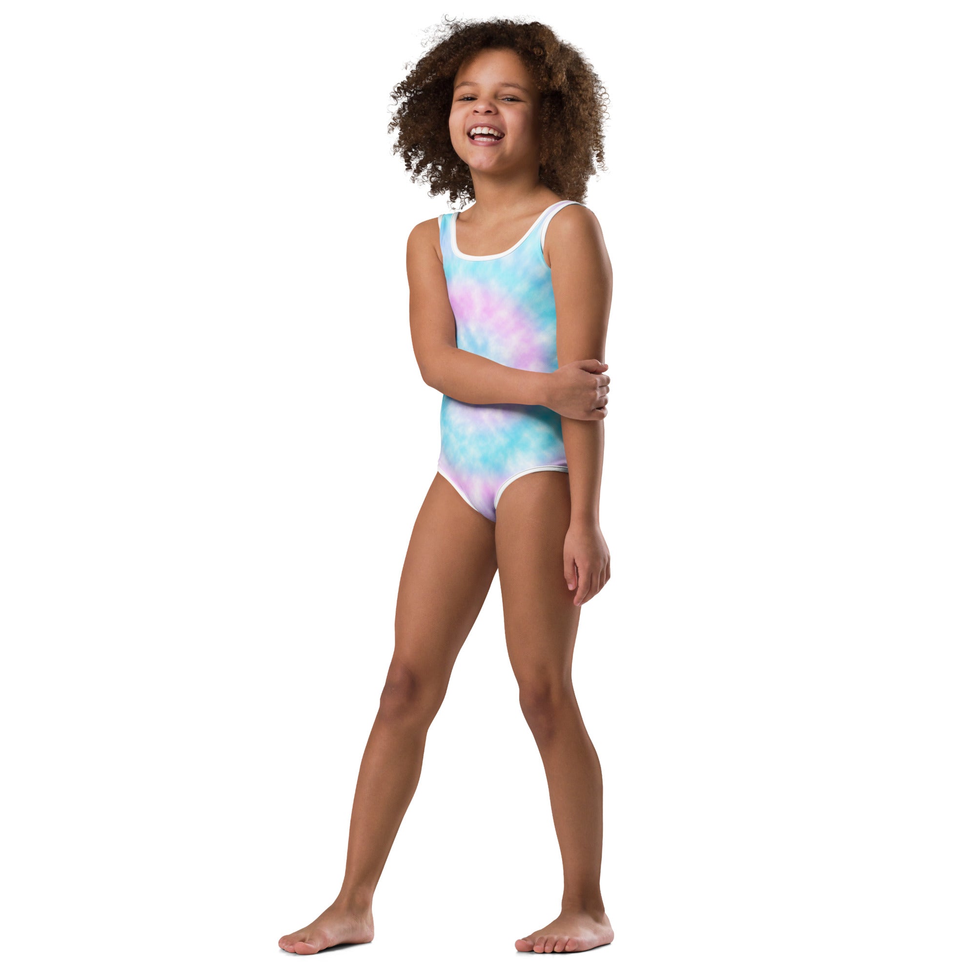 Girls faux tie dye buttery soft leotard in pastel blue pink and white with racerback for dance and gymnastics, back view