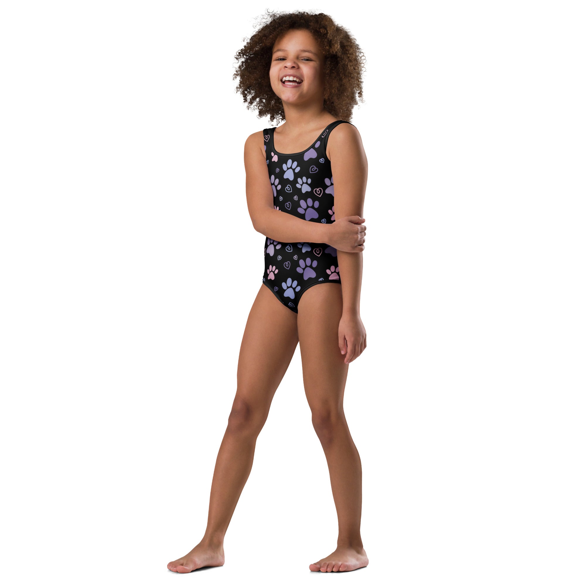 Girls paw print buttery soft black leotard with purple and pink paw prints and hearts for dance and gymnastics