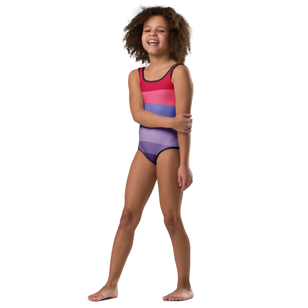 Girls multicolored waves buttery soft bisexual pride swimsuit with red pink purple blue stripes and black trim for dance and gymnastics