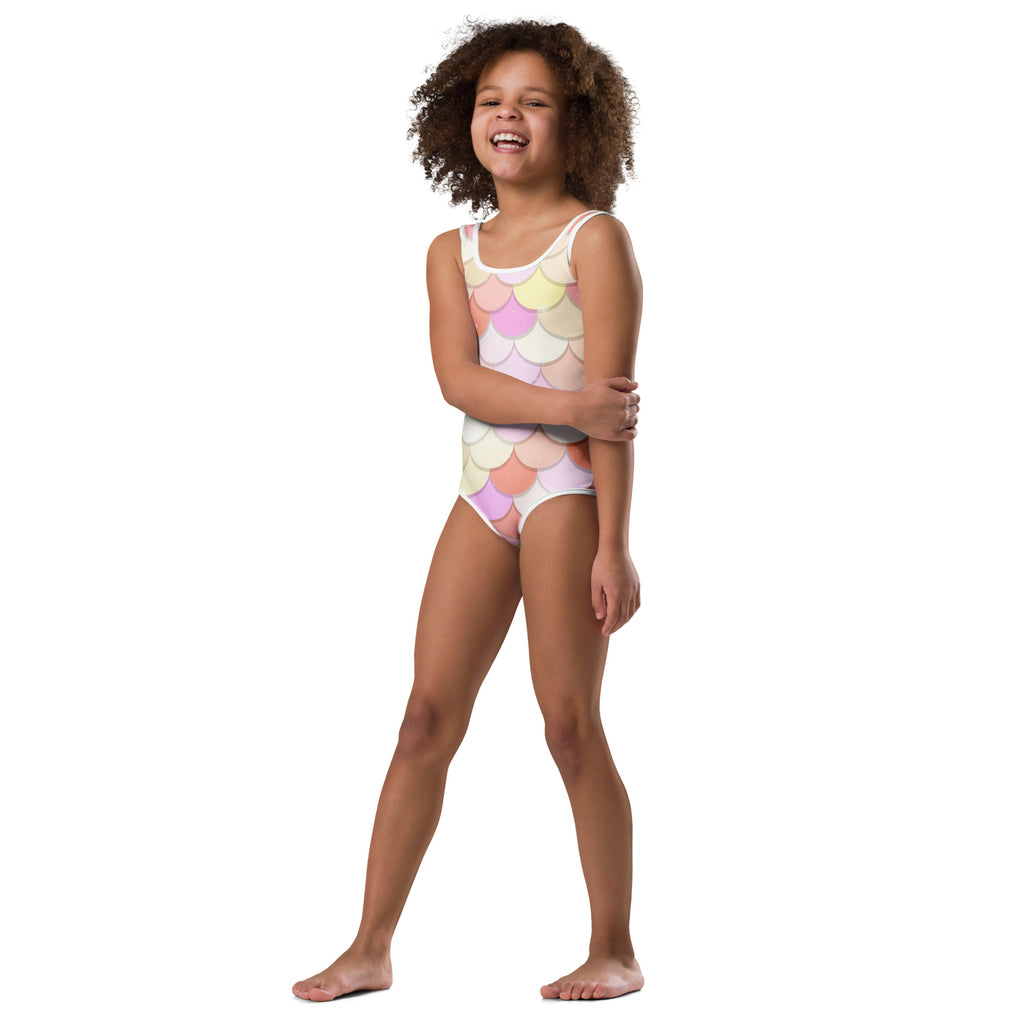 Girls pink mermaid buttery soft leotard with pastel mermaid scale pattern for quick drying dance and gymnastics use