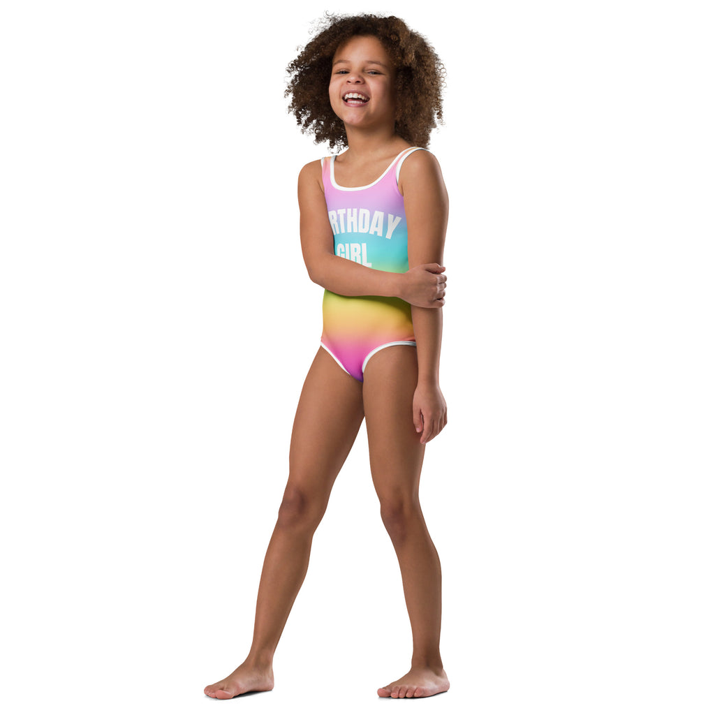 Bright rainbow birthday girl buttery soft one-piece swimsuit with white trim quick drying for dance and gymnastics