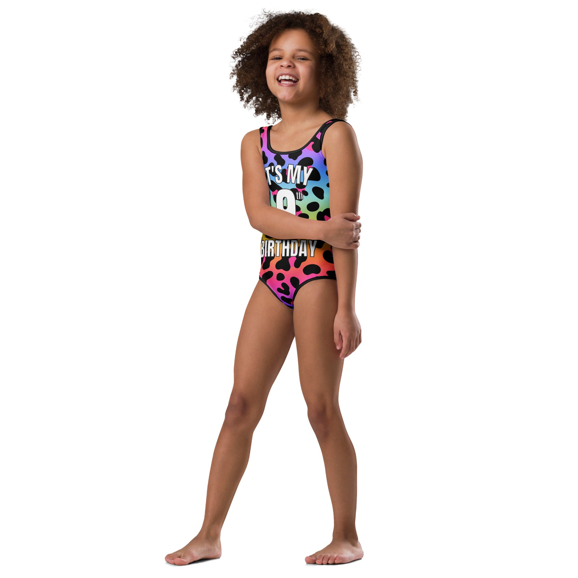 Girls Rainbow Leopard Custom Age It's My Birthday Leotard - Quick Drying For Dance and Gymnastics