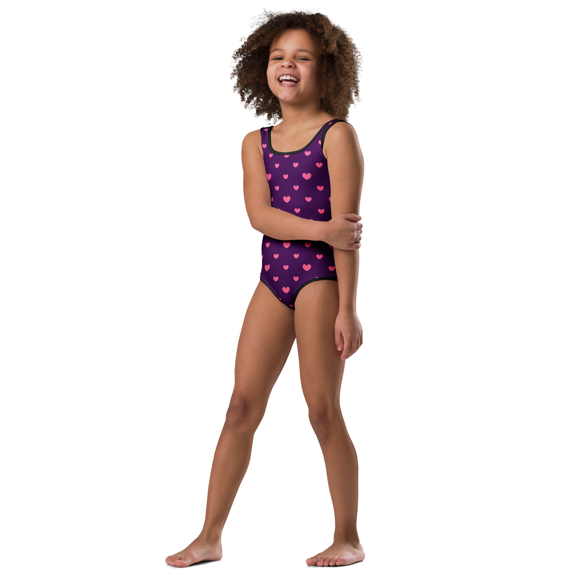 Girls purple Valentine heart buttery soft quick drying leotard with pink heart pattern for dance and gymnastics