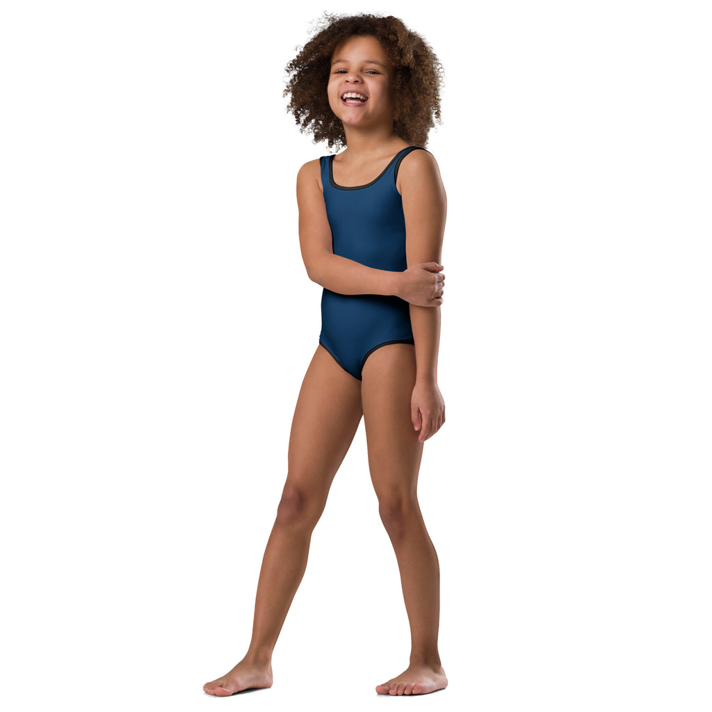 A girls navy blue buttery soft one-piece swimsuit with black trim quick drying for dance and gymnastics