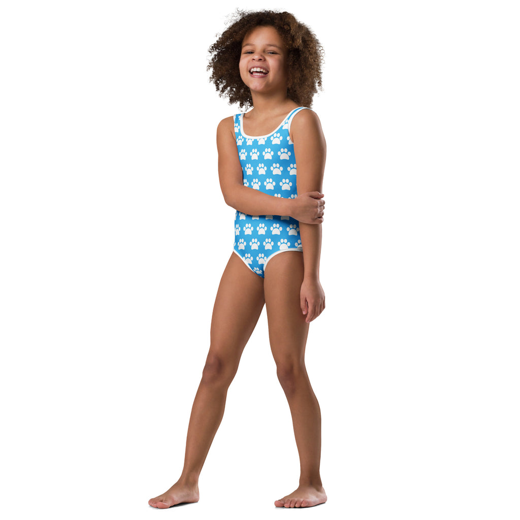Girls sky blue buttery soft one-piece leotard with white paw prints quick drying for dance and gymnastics