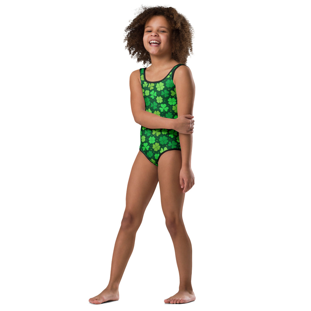 Girls st patricks day deep green buttery soft leotard with shamrock pattern quick drying for dance and gymnastics