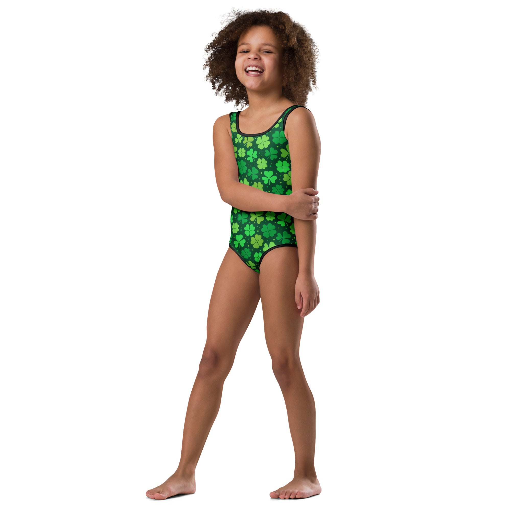 Girls st patricks day deep green buttery soft leotard with shamrock pattern quick drying for dance and gymnastics