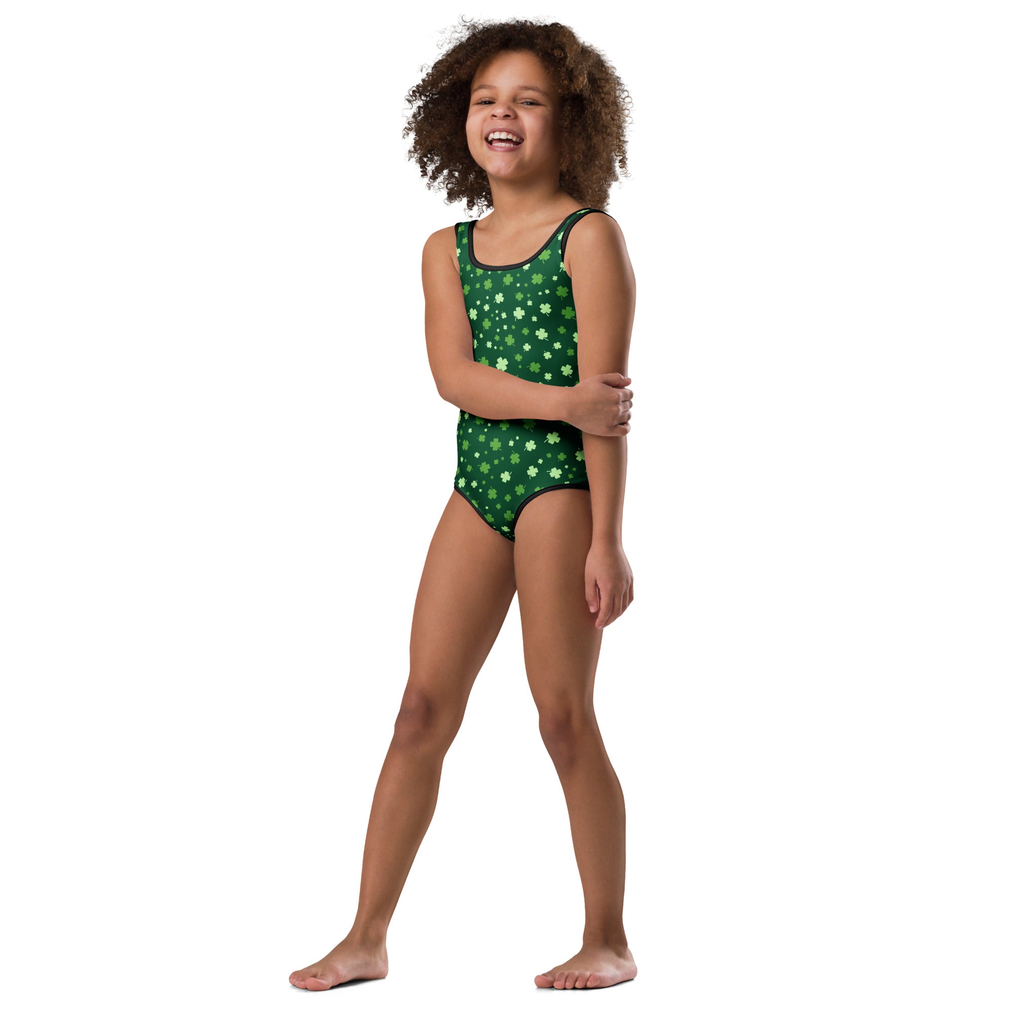 Girls lucky clover buttery soft green leotard with white shamrocks black trim quick drying for dance and gymnastics