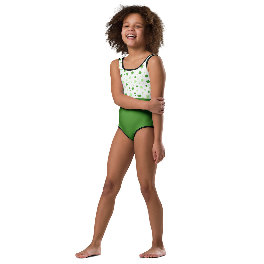 Girls green and white lucky clover leotard with shamrock pattern made of buttery soft quick drying fabric for dance and gymnastics