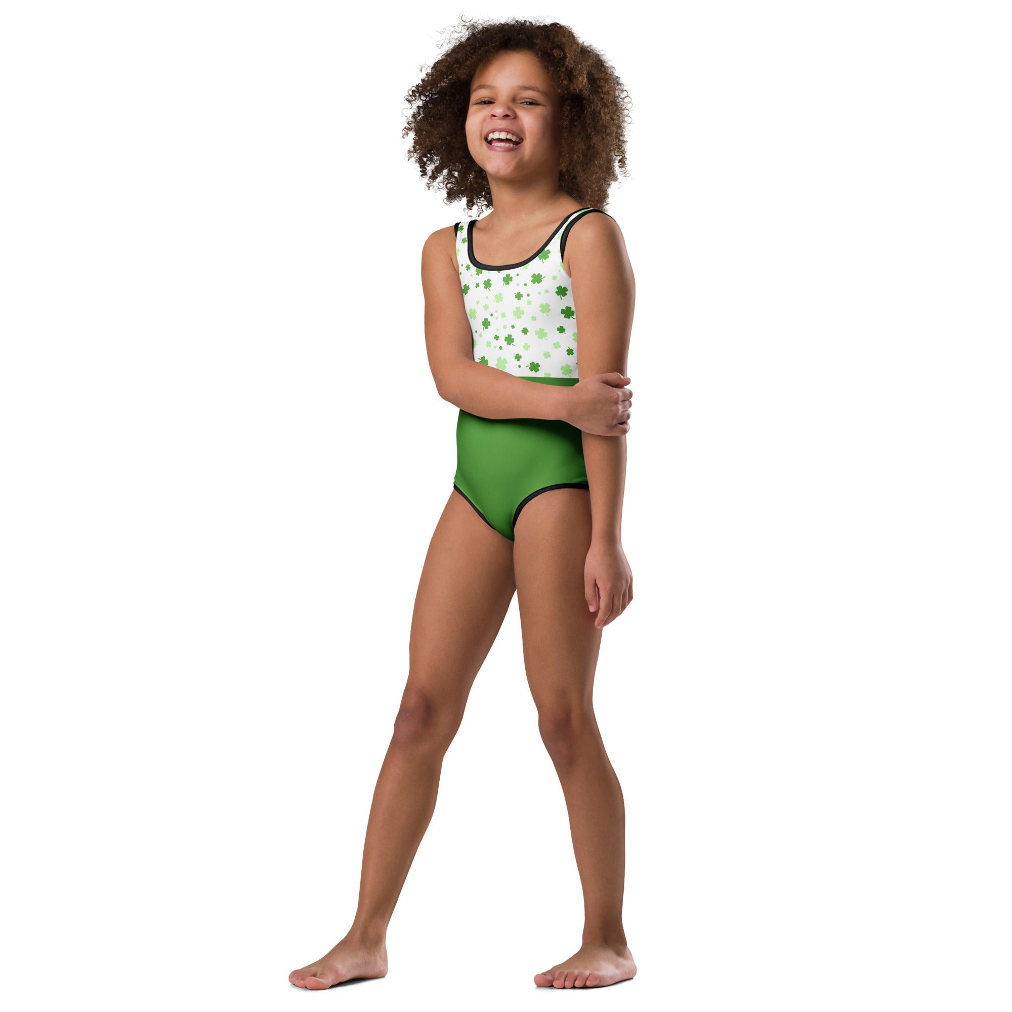 Girls green and white lucky clover leotard with shamrock pattern made of buttery soft quick drying fabric for dance and gymnastics
