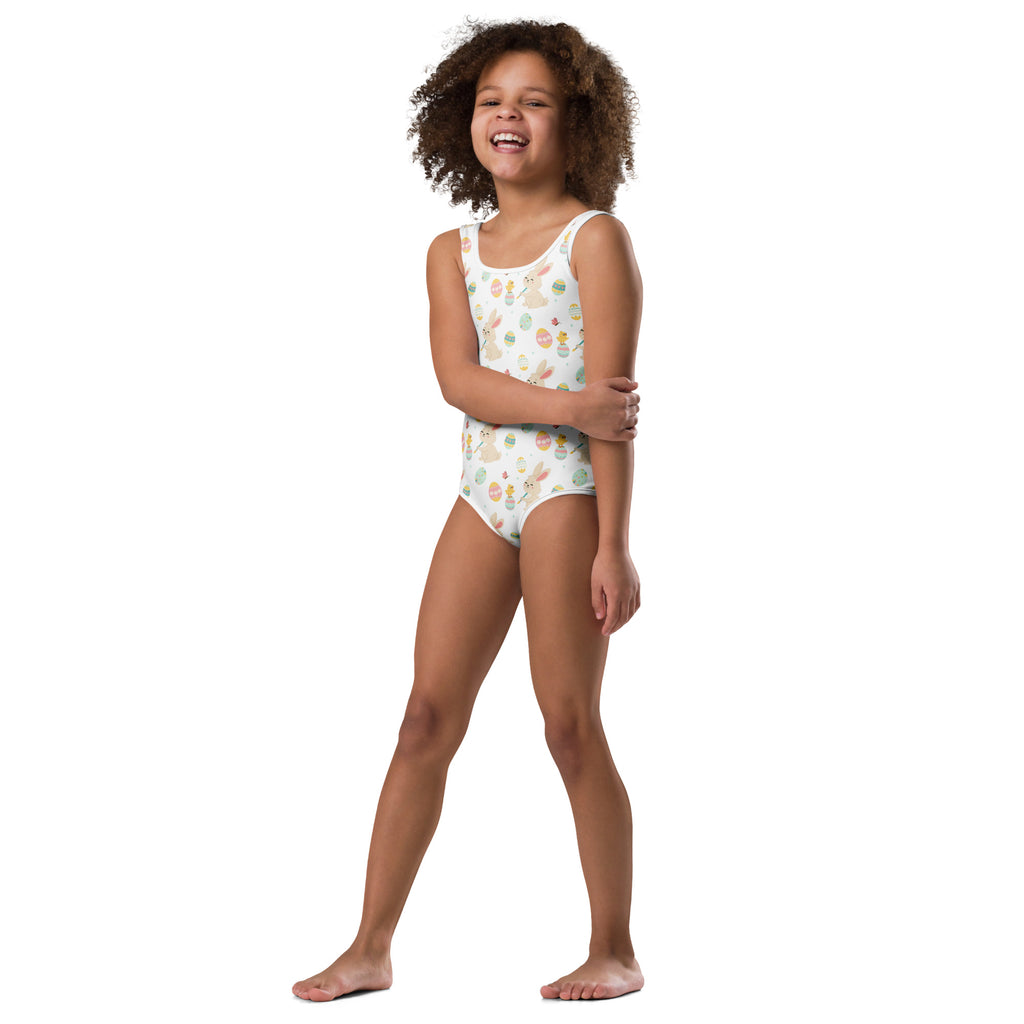 White one-piece swimsuit with pastel easter eggs and bunnies pattern buttery soft quick drying for dance and gymnastics