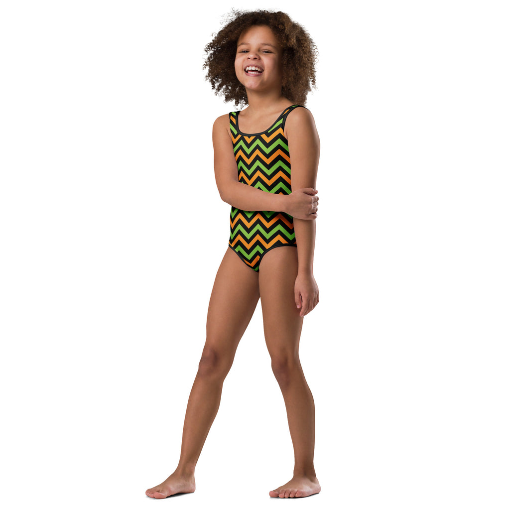 Girls Orange & Green Chevron Halloween Leotard – Buttery-Soft, Quick-Dry 4-Way Stretch Comfort for Dance & Gymnastics