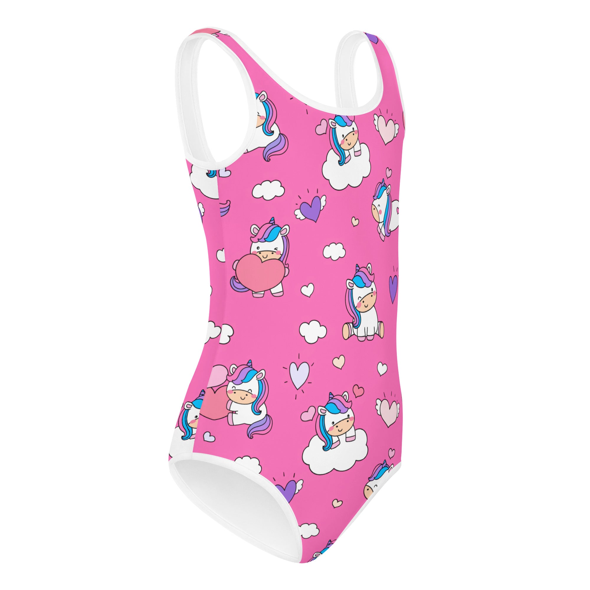 Pink kids swimsuit with cute unicorn and heart print, all-over cartoon pattern.