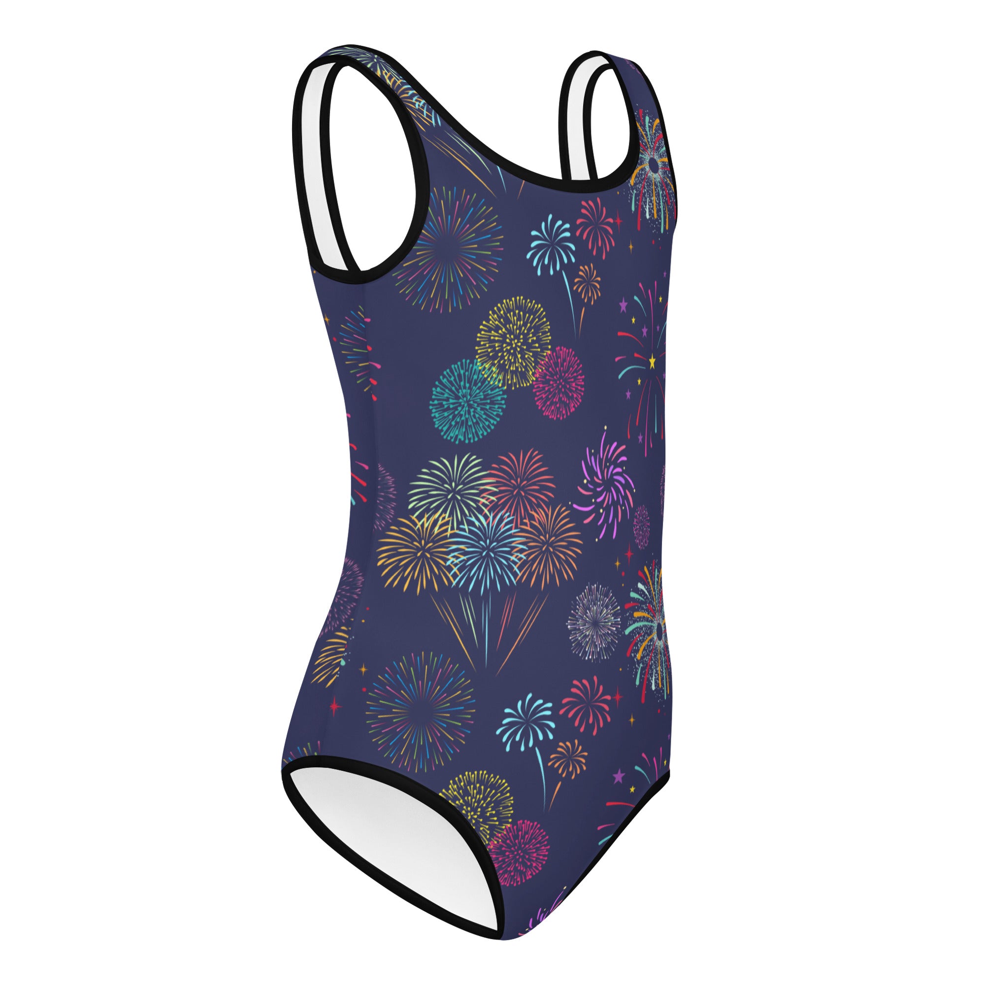 Girls fireworks 4th of july buttery soft swimsuit navy blue one-piece with vibrant multicolored fireworks and black trim