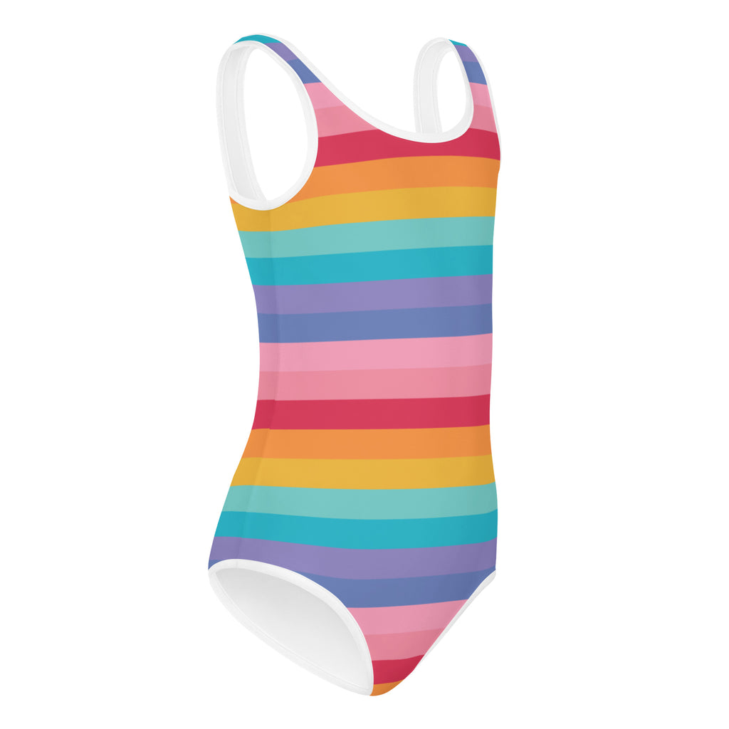 Girls bright striped rainbow buttery soft leotard with white trim quick drying for dance and gymnastics