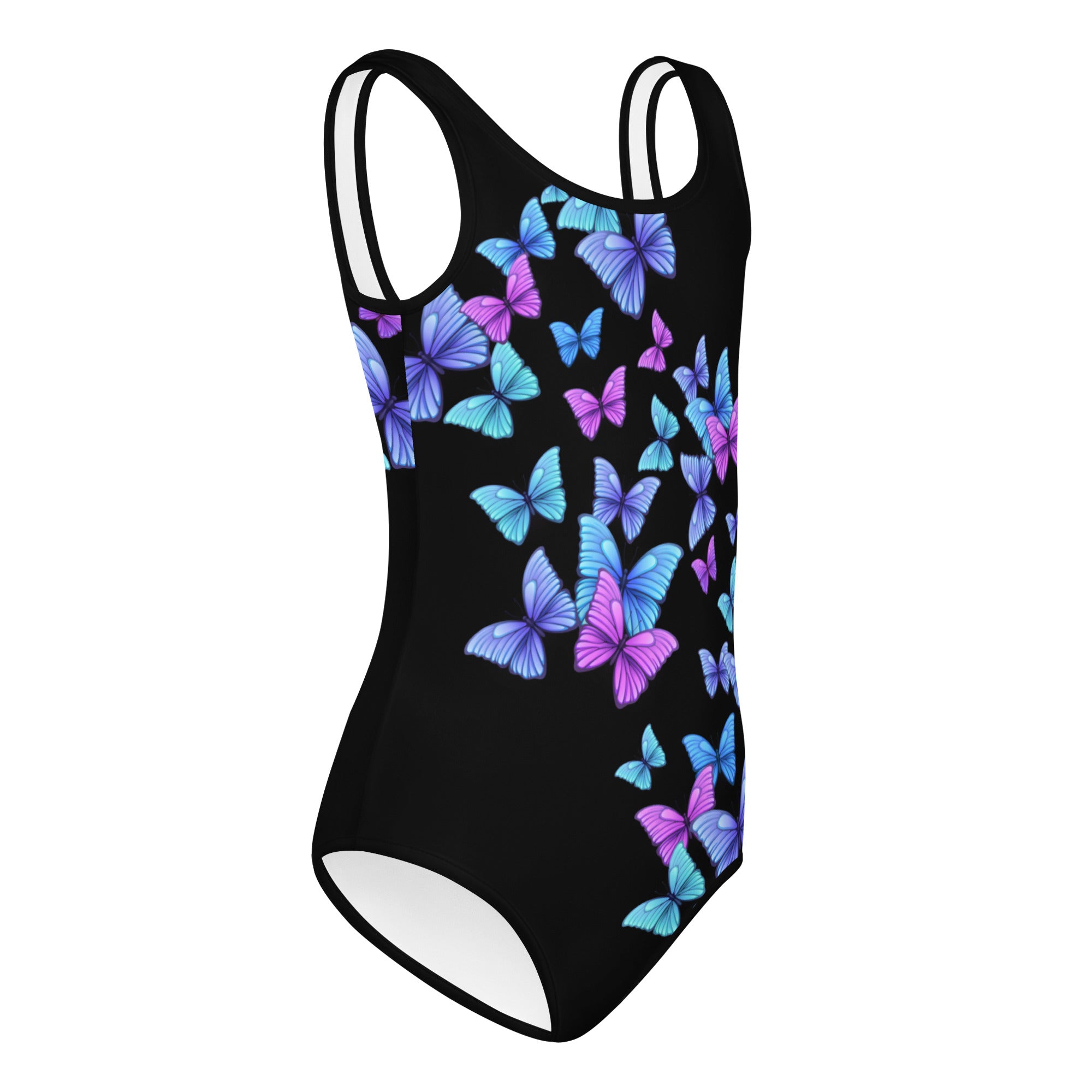 Girls vibrant butterfly buttery soft black leotard with thin white straps and blue purple butterfly pattern for dance