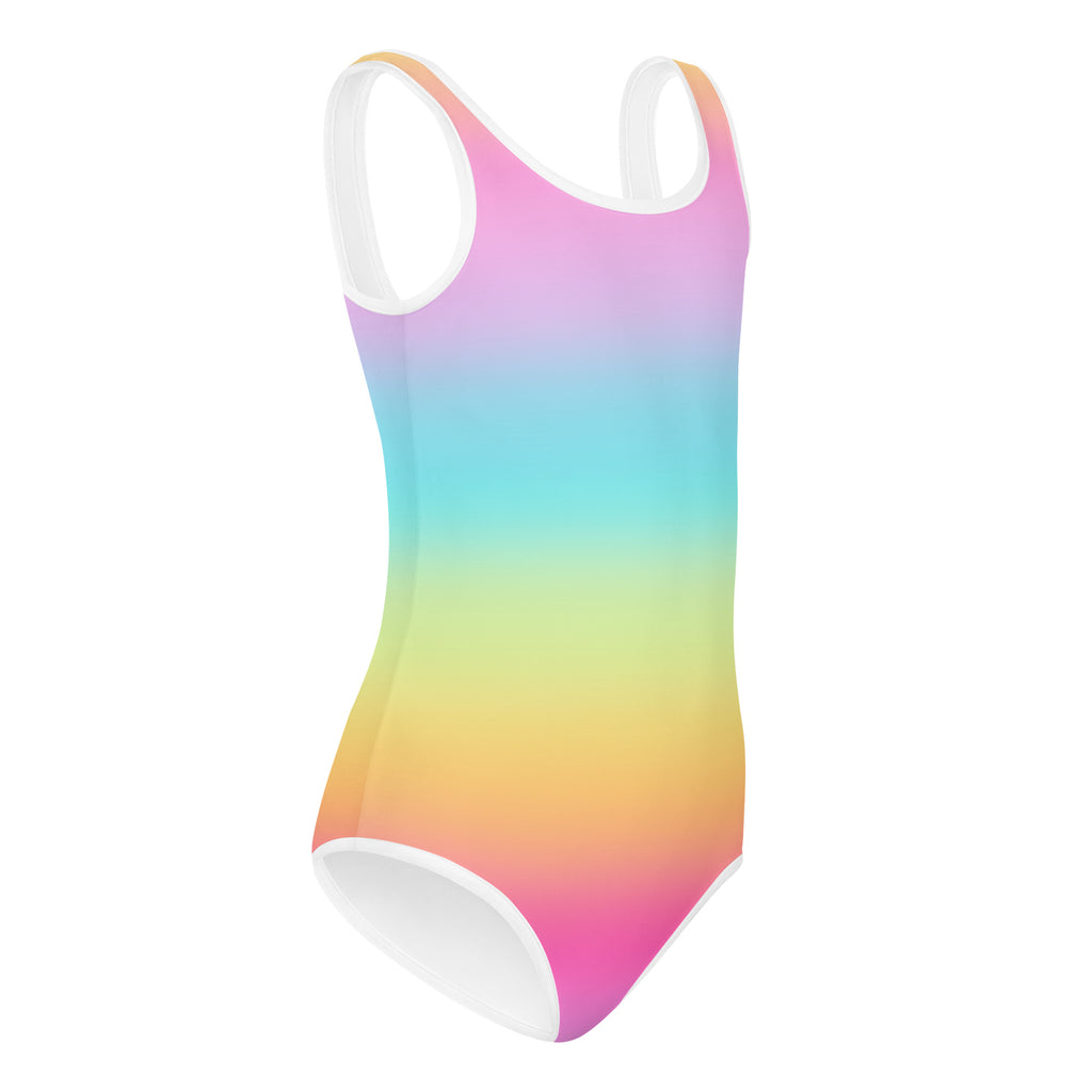 Girls bright rainbow buttery soft one-piece swimsuit with white trim quick drying for dance and gymnastics