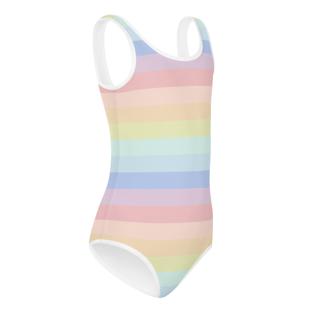 Girls pastel striped rainbow buttery soft one-piece swimsuit with white trim quick drying for dance and gymnastics
